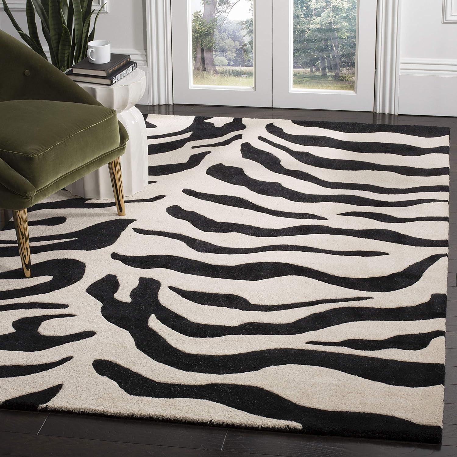 Handmade Black and Beige Wool Zebra Striped Rug