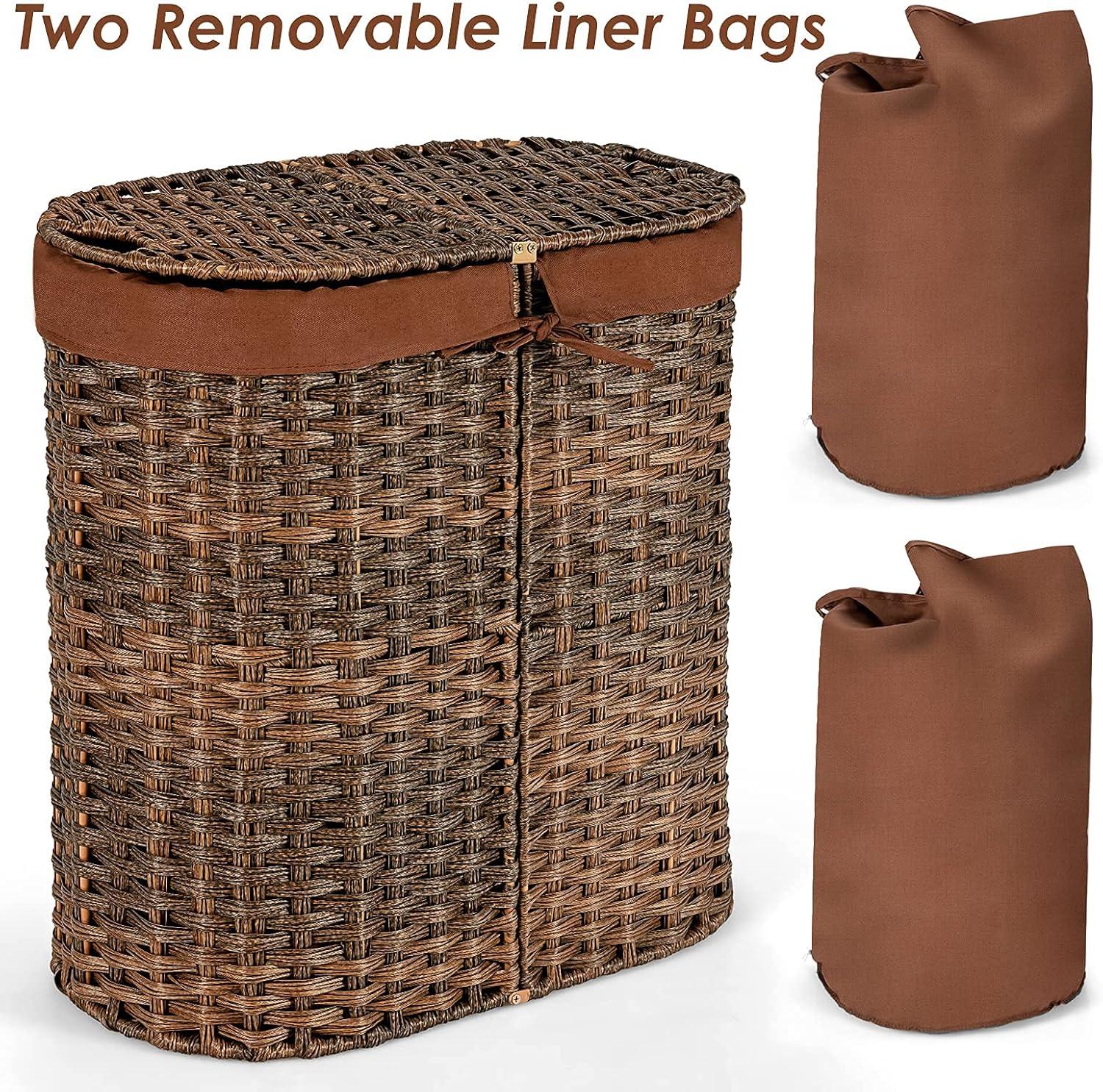 FENG20 Handwoven Laundry Hamper Laundry Basket w/2 Removable Liner Bags Brown