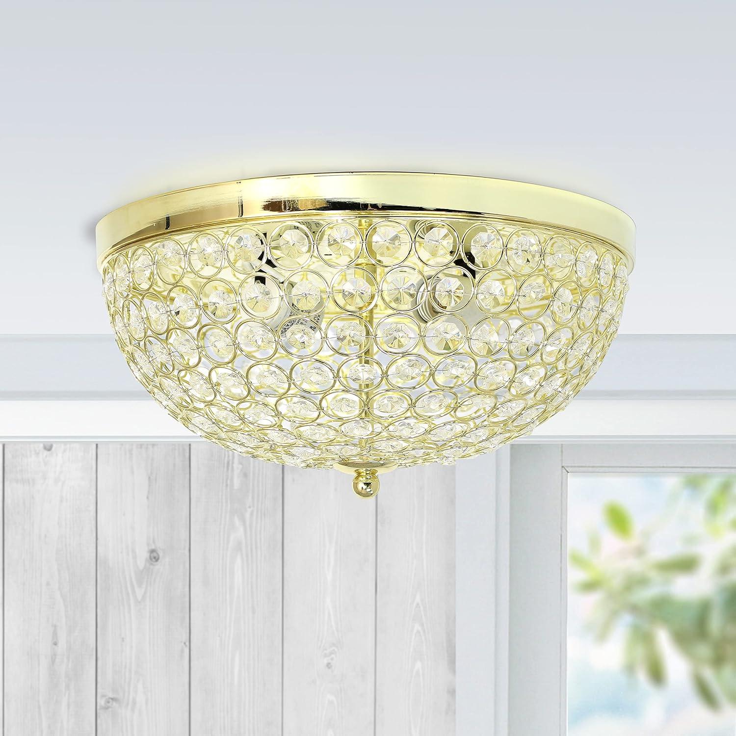 Elegant Designs Elipse Crystal 13" Metal 2 Light Bowl Shaped Ceiling Flush Mount Fixture, Gold