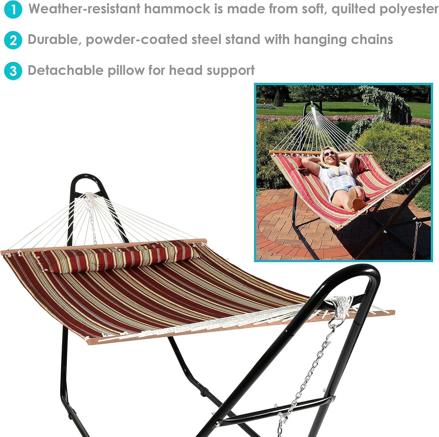 Sunnydaze Double Quilted Fabric Hammock with Universal Steel Stand - 450-Pound Capacity - Red Stripes