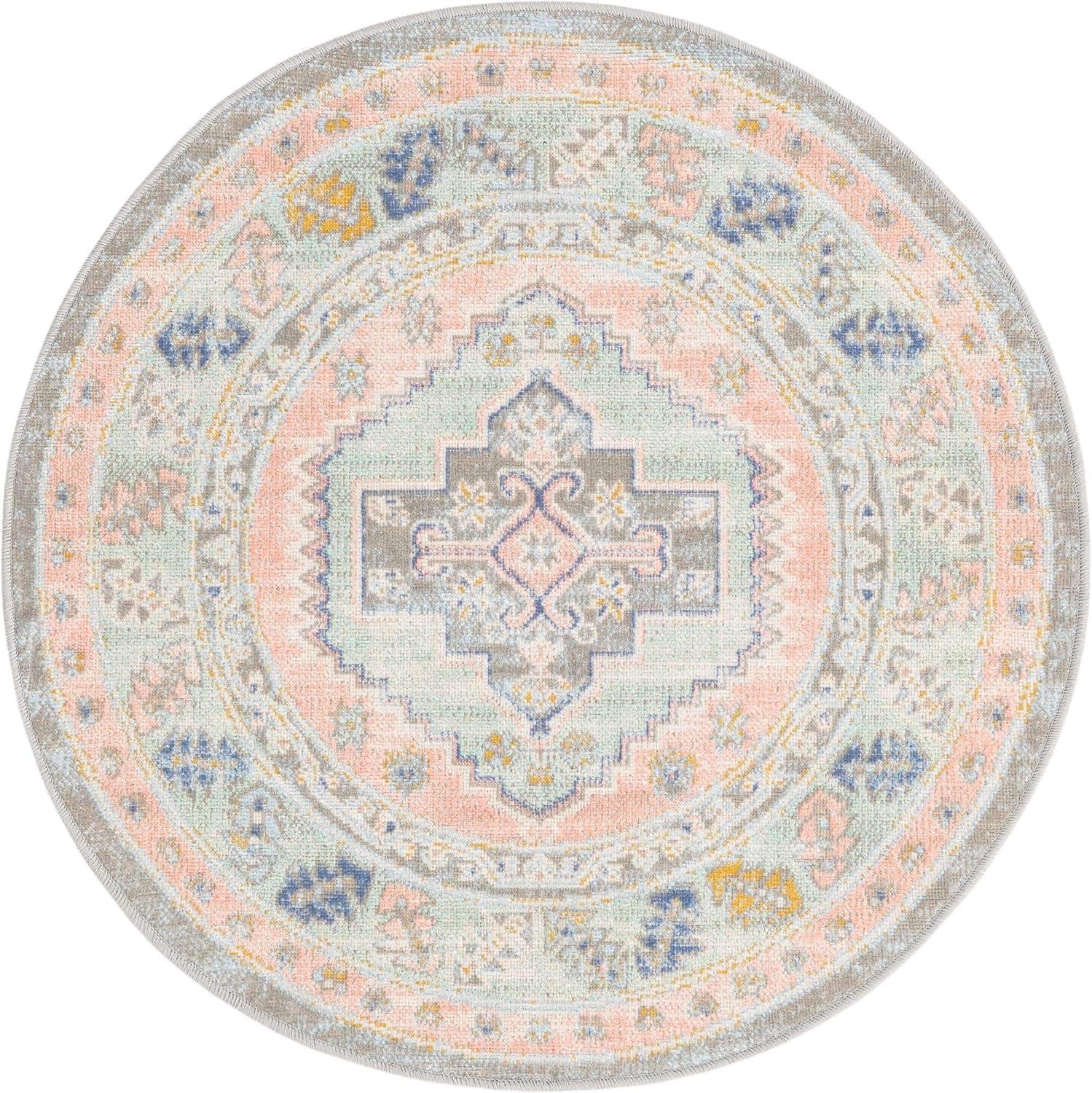 Powder Pink/Ivory Round Medallion Easy Care Kids Rug 3' 3"