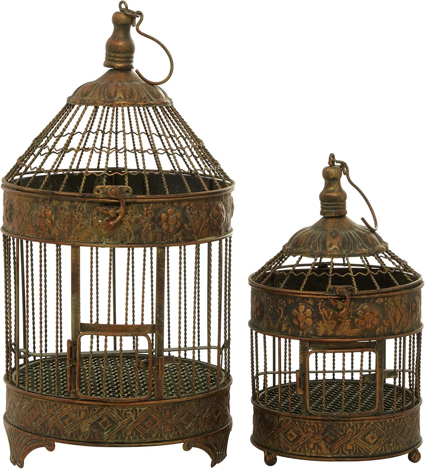 DecMode Hinged Top Bronze Metal Birdcage with Latch Lock Closure and Top Hook, Set of 2