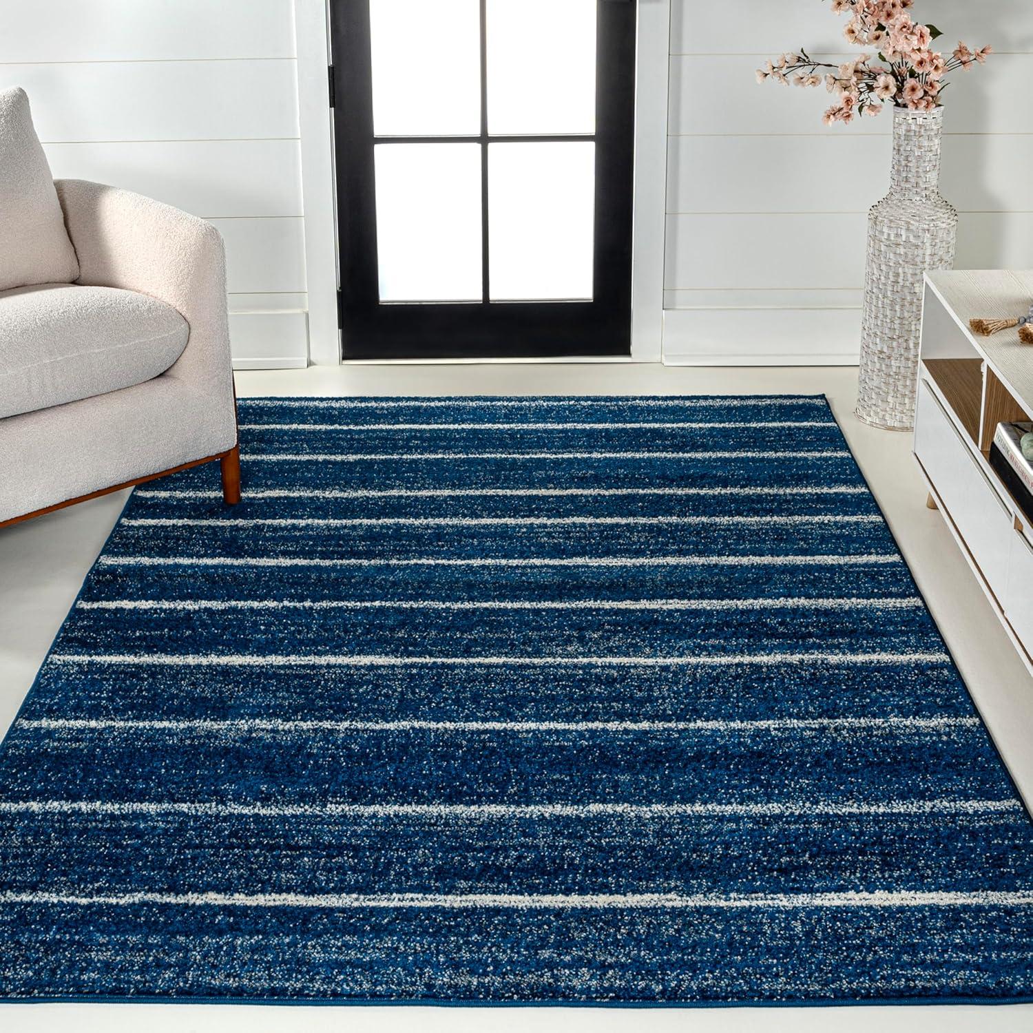 Navy and Cream Rectangular Striped Synthetic Area Rug 3' x 5'