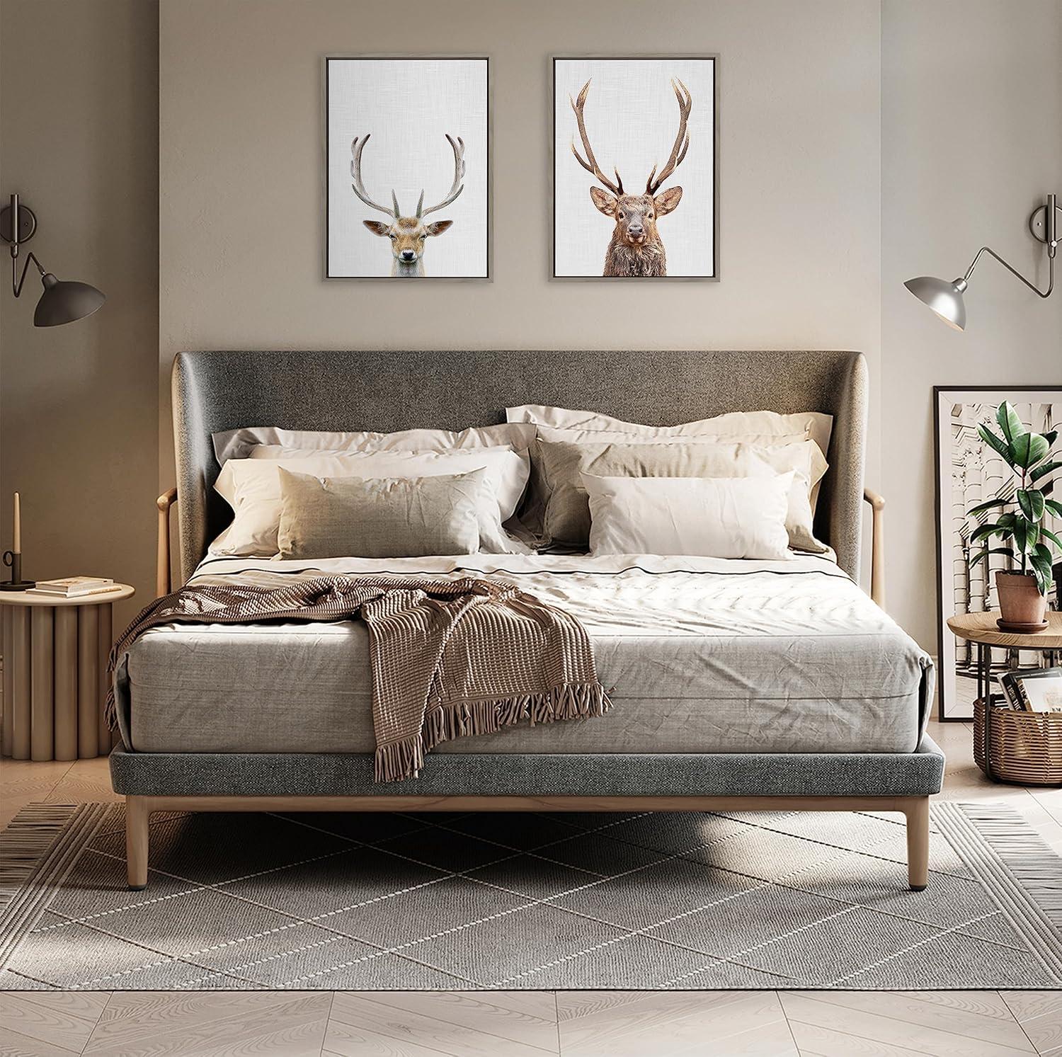 Gray Framed Canvas Wall Art with Deer Portrait, 18x24