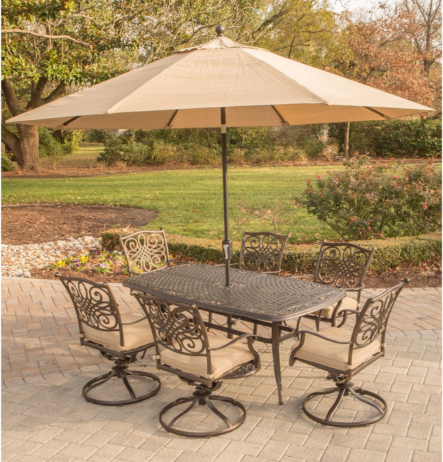 Hanover Traditions 7-Piece Rust-Free Aluminum Outdoor Patio Dining Set with Tan Cushions, 6 Swivel Rockers and Aluminum Rectangular Dining Table with Umbrella, TRADITIONS7PCSW6-SU