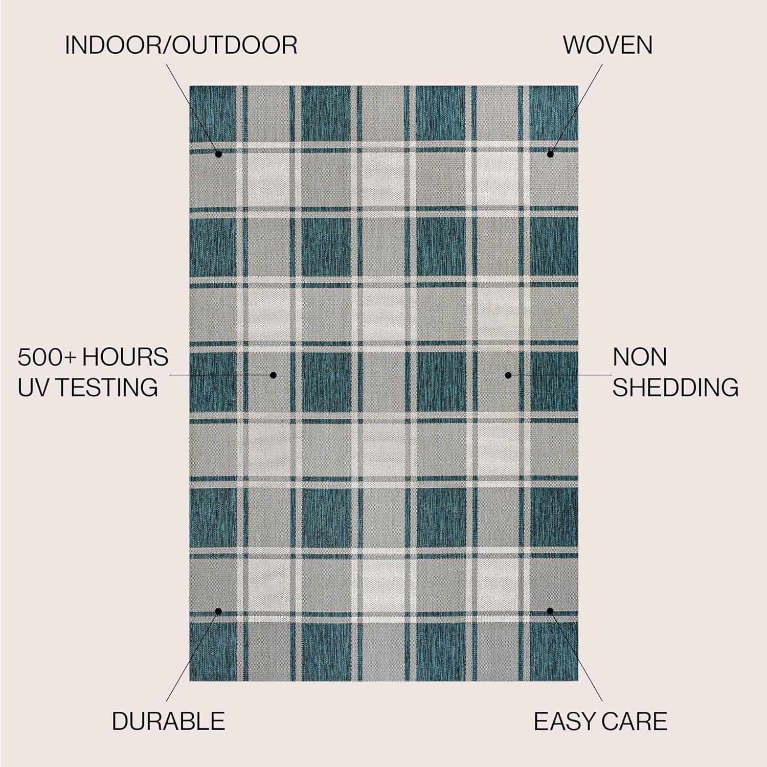 Sabine Traditional Farmhouse Bold Gingham Turquoise/Cream 8 ft. x 10 ft. Indoor/Outdoor Area Rug