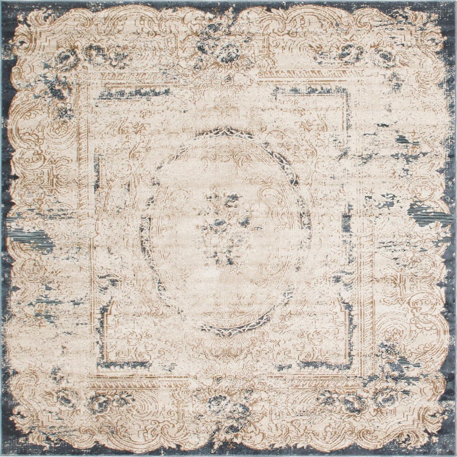 Ivory and Navy Blue Medallion Square Indoor Rug, 7' x 7', Easy Care