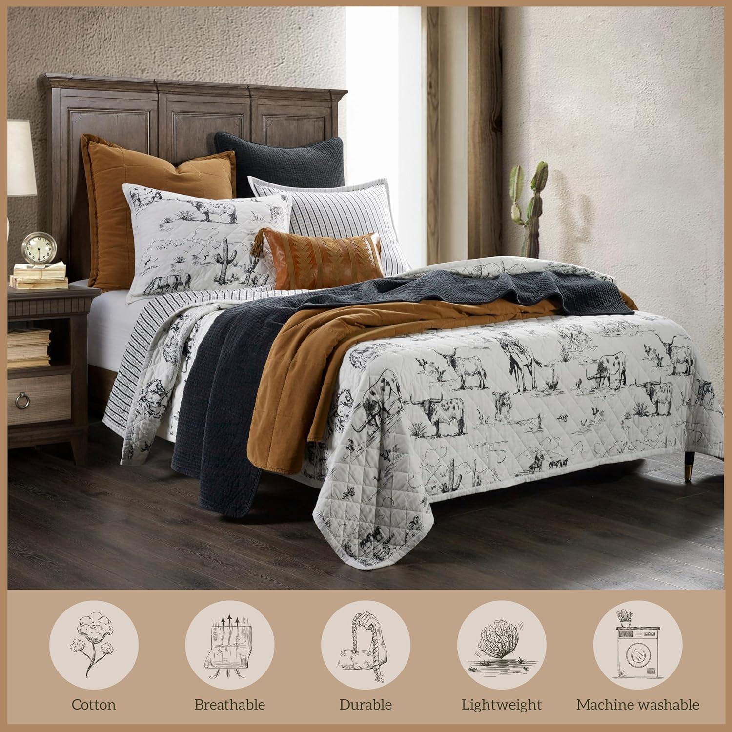 Paseo Road by HiEnd Accents Ranch Life White/Black Cotton Reversible Western Rustic Farmhouse 3 Piece Quilt Set