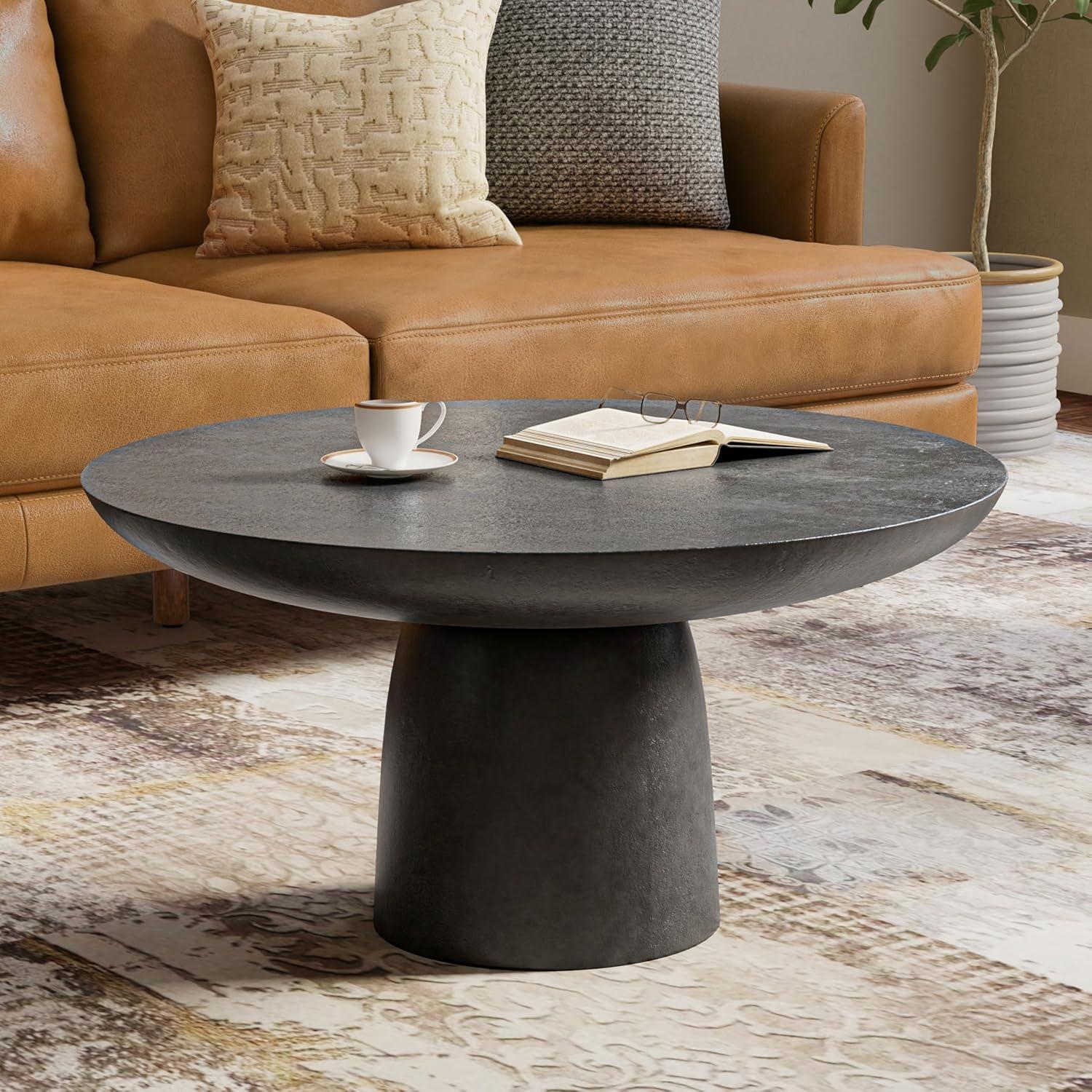 Simpli Home Alexa 30"W Cast Aluminum Mid-Century Modern Round Coffee Table with Pedestal Base, Fully Assembled