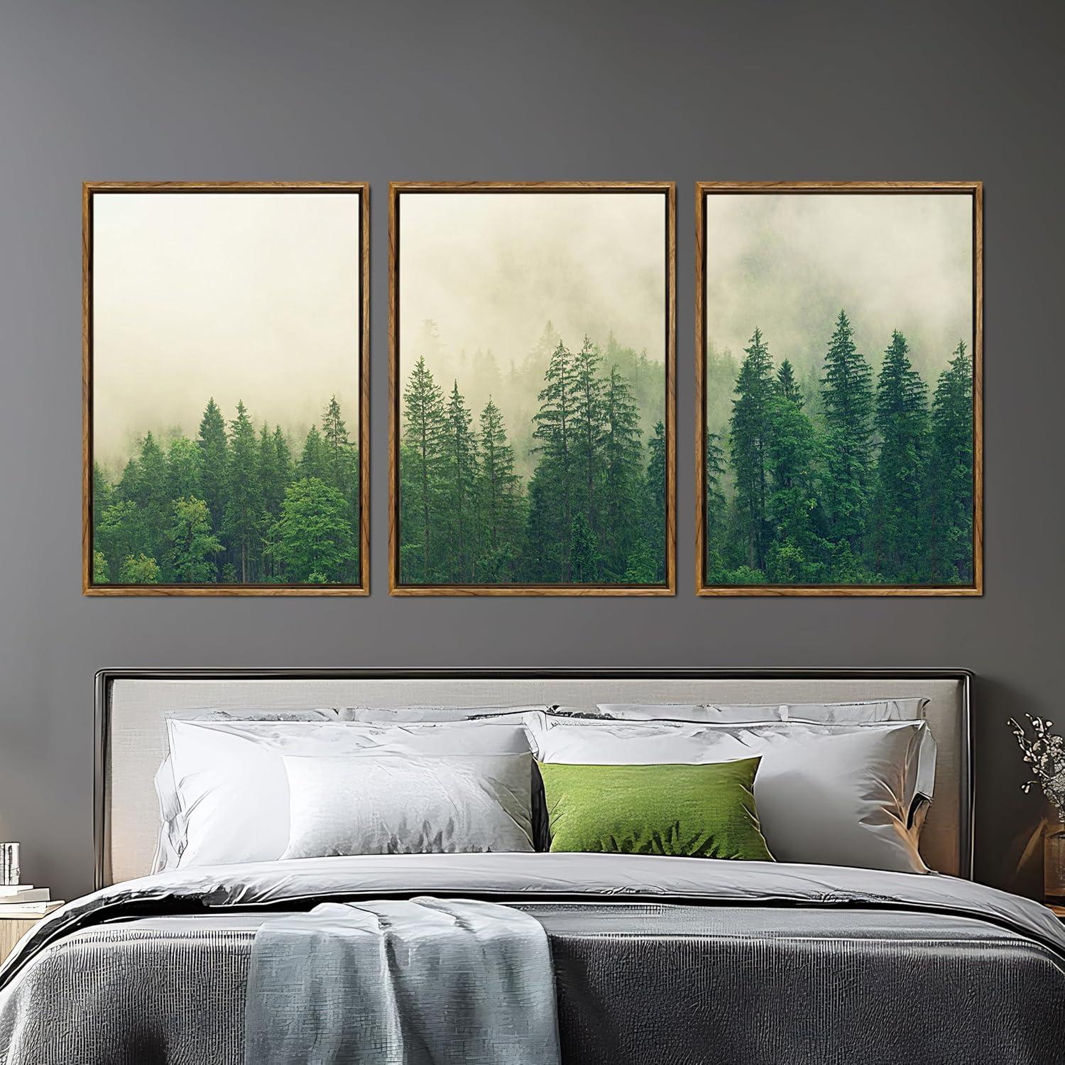 Misty Forest Landscape Green Pine Tree Nature Modern Pictures Framed Canvas 3 Pieces Print Wall Art