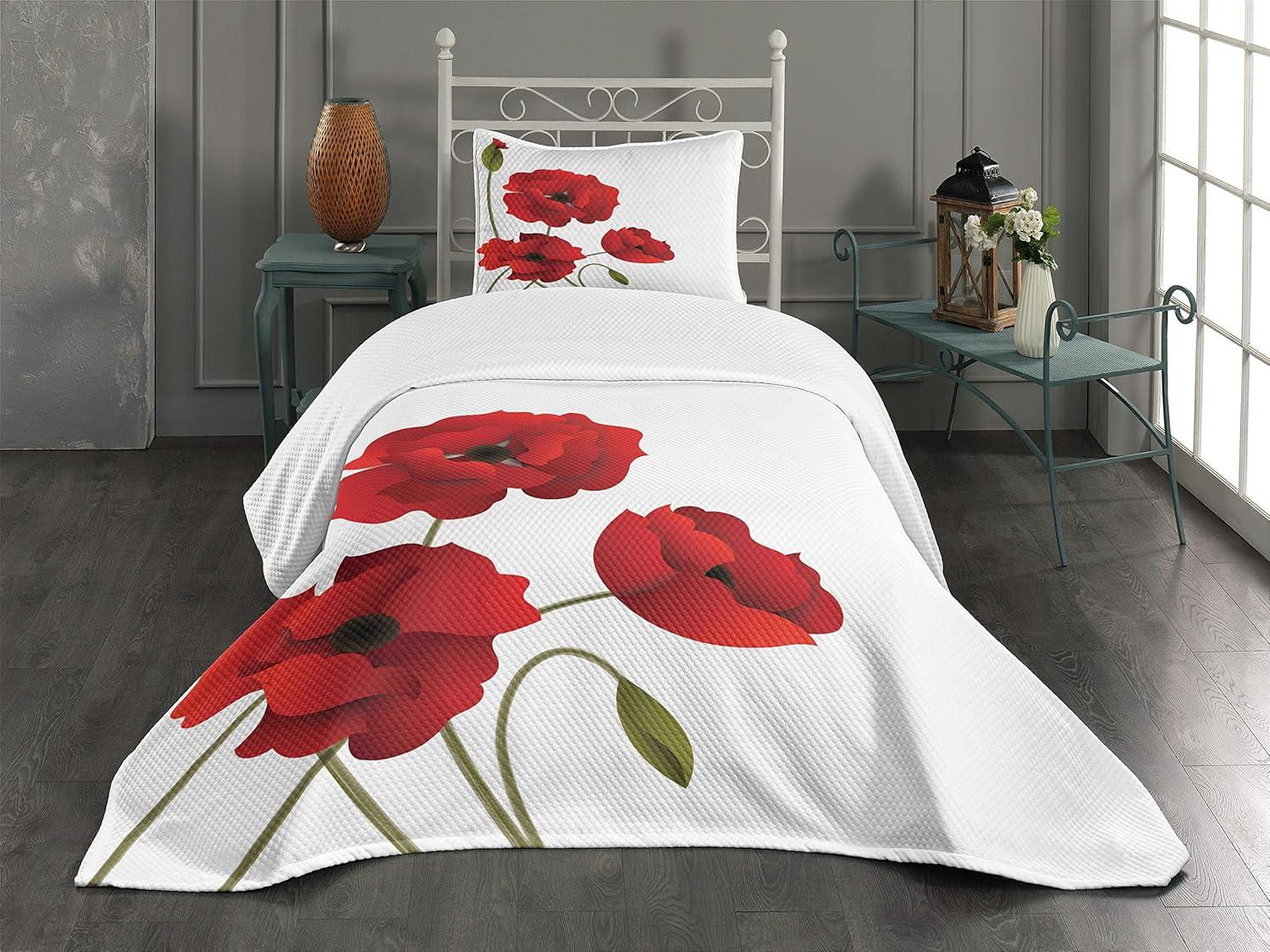 Ambesonne Ambesonne Floral Bedspread Set Flowers Petals and Buds Red Green