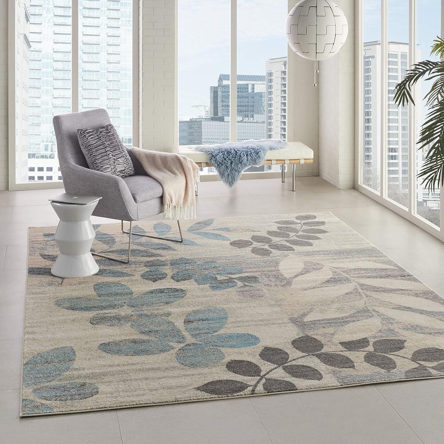 Serene Botanical Ivory & Light Blue 8'10" x 11'10" Viscose Area Rug