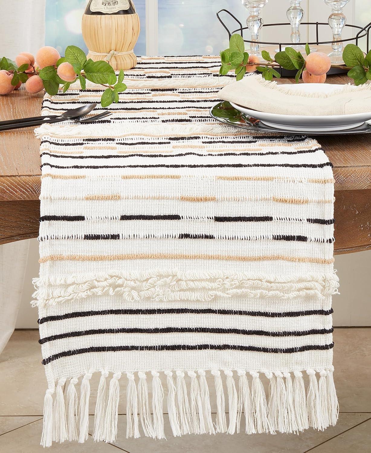 Ivory and Black Cotton Textured Corded Table Runner with Fringe