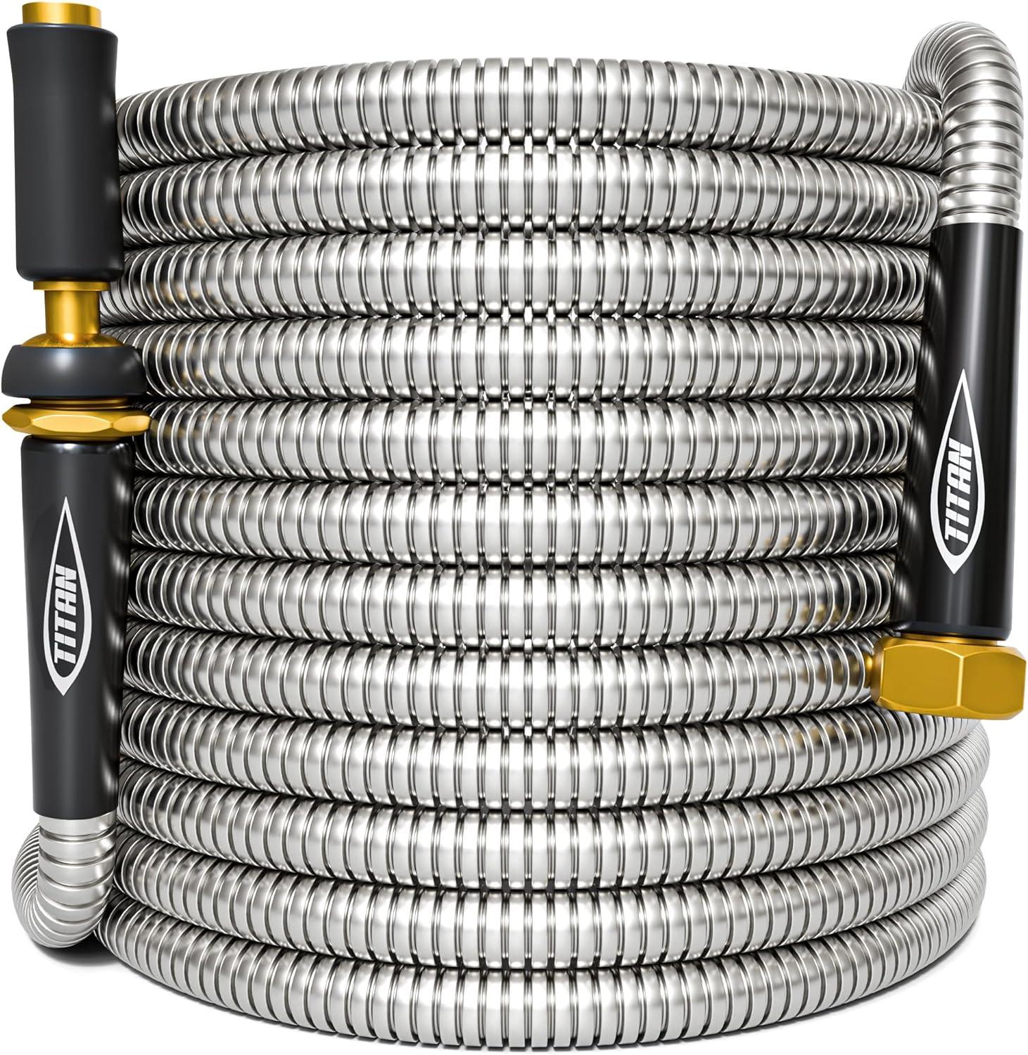 TITAN Garden Hose 100FT - 304 Stainless Steel Metal Water Hose, Flexible, Kink-Free, Lightweight, Durable, Crush Resistant Fittings, Easy to Coil, 500 PSI