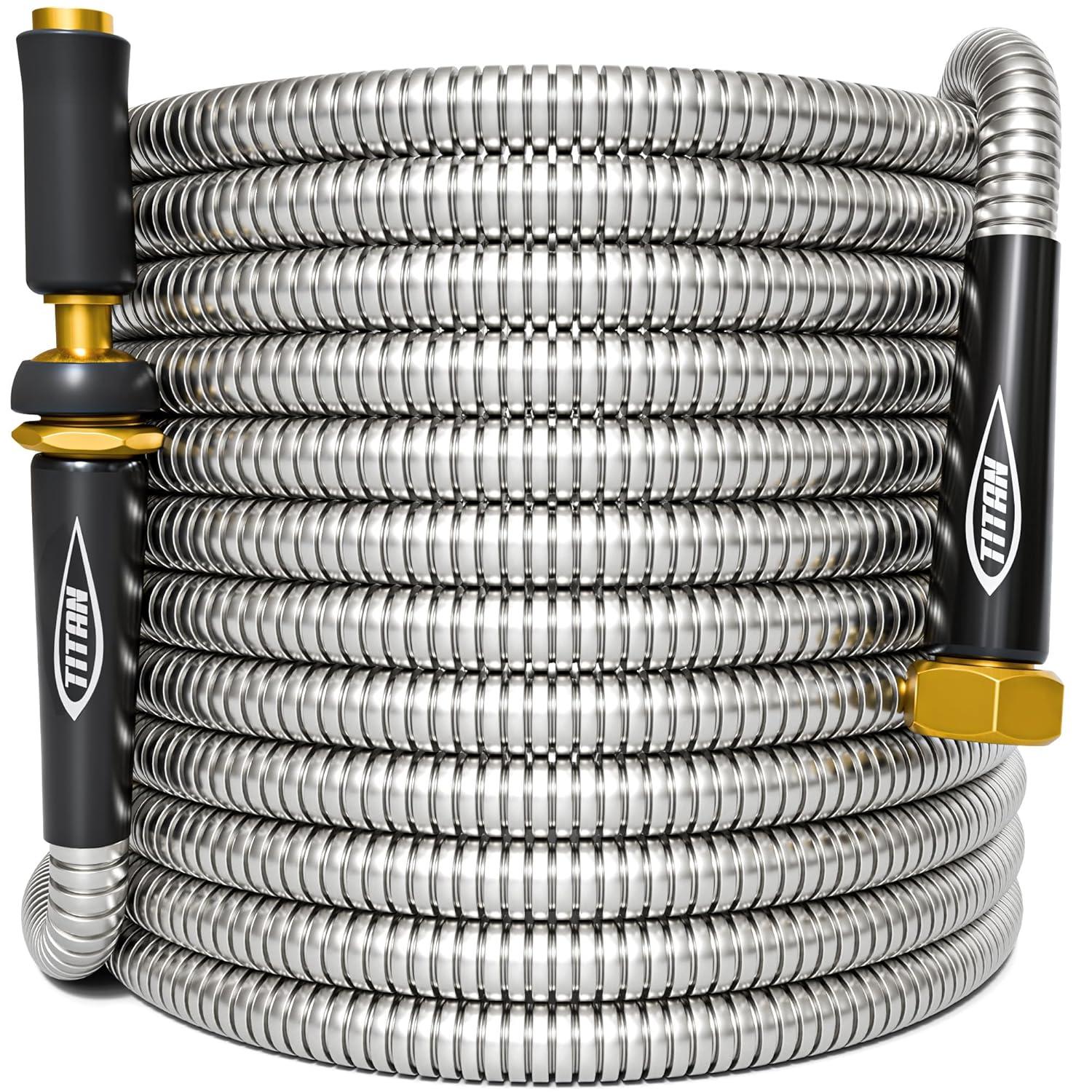 TITAN Garden Hose 100FT - 304 Stainless Steel Metal Water Hose, Flexible, Kink-Free, Lightweight, Durable, Crush Resistant Fittings, Easy to Coil, 500 PSI