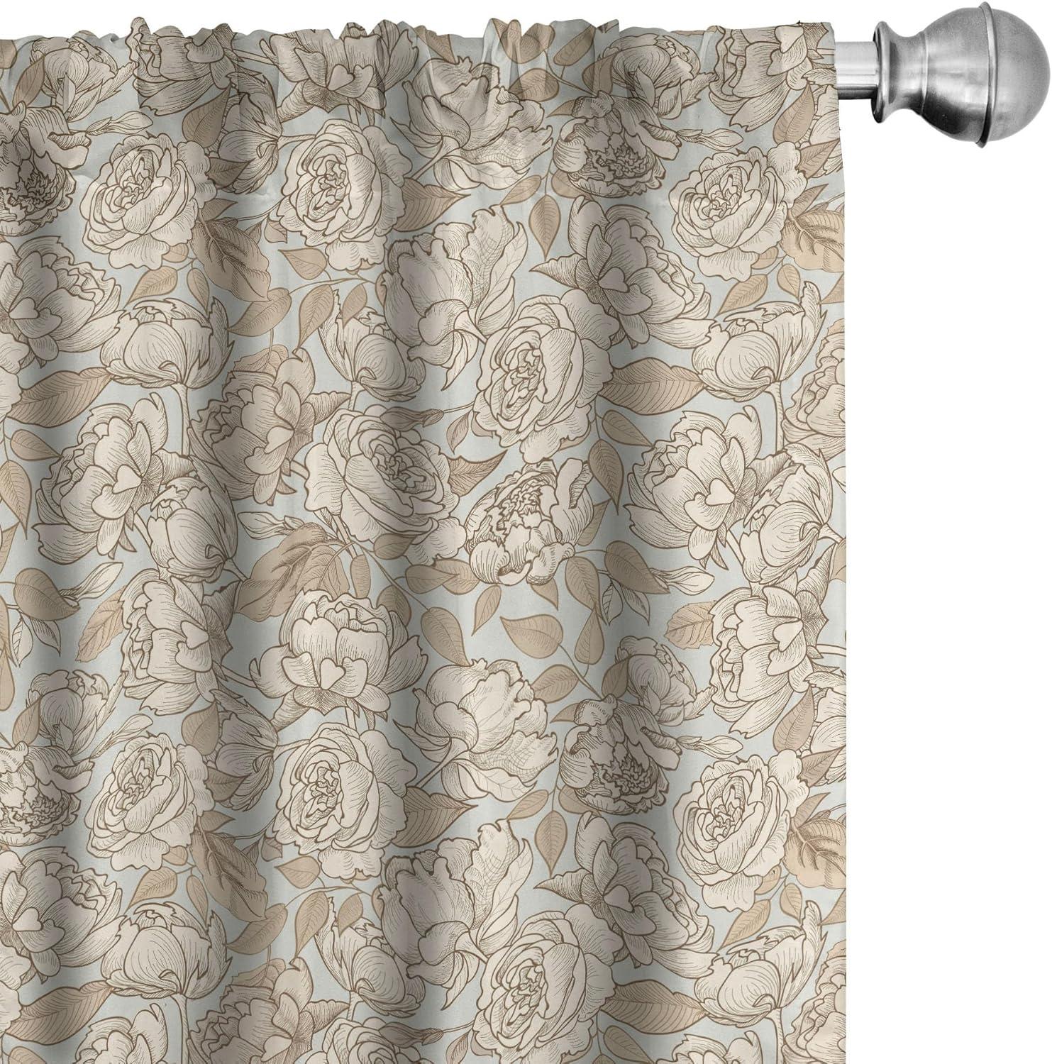 Beige Floral Pattern 63" Rod Pocket Curtain Panel Pair