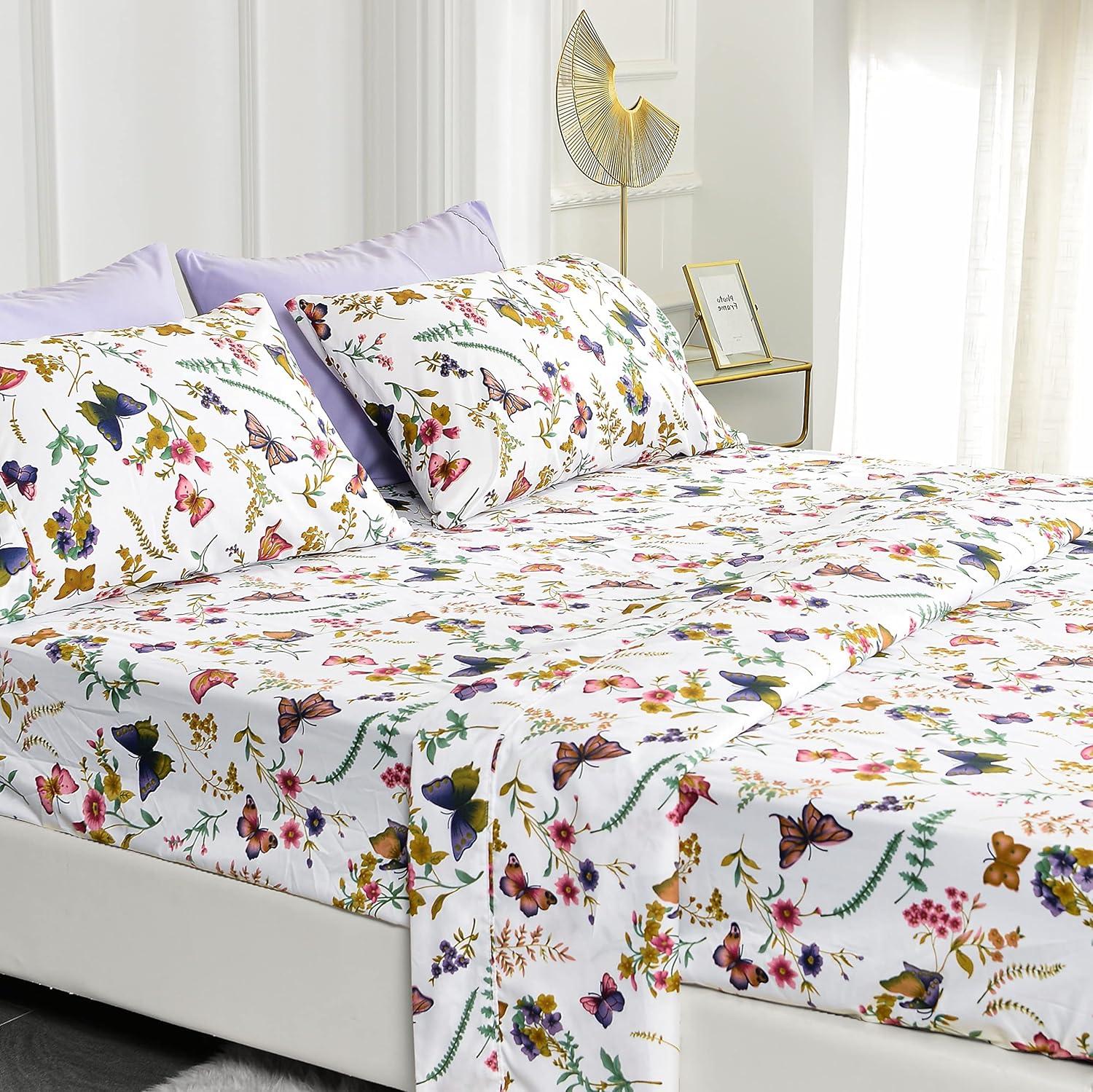 Full Size White and Purple Butterfly Microfiber Bedding Set