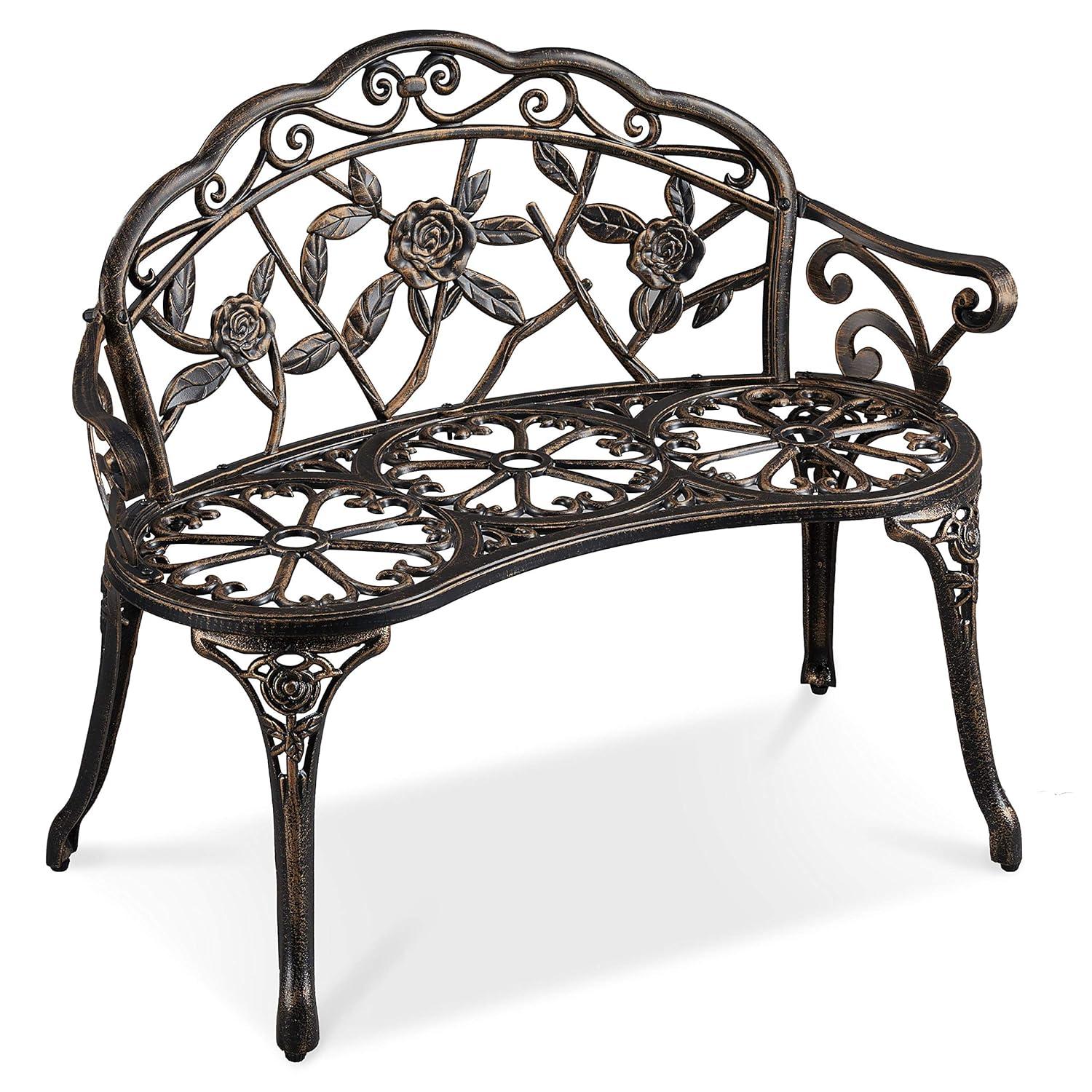 QSHIMY Patio Garden Bench Park Metal Rose Outdoor Benches, Aluminium Vintage Antique Furniture Chair Outside Benches Weather Proof Bench for Outdoor Porch, Lawn, Balcony, Backyard, Bronze