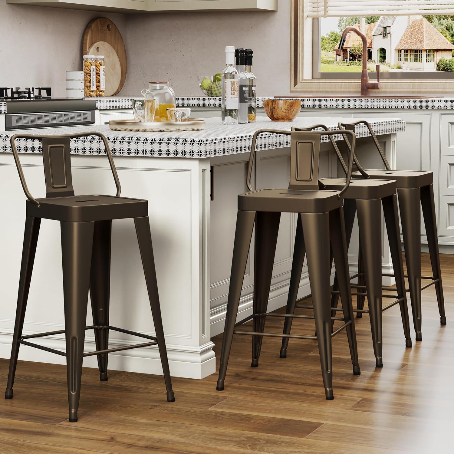 WENTMENT Bar Stools Set of 4 Counter Height Bar Stools Metal Barstools with Removable Back 30" Kitchen Bar Stools with Wooden Seat, Rusty
