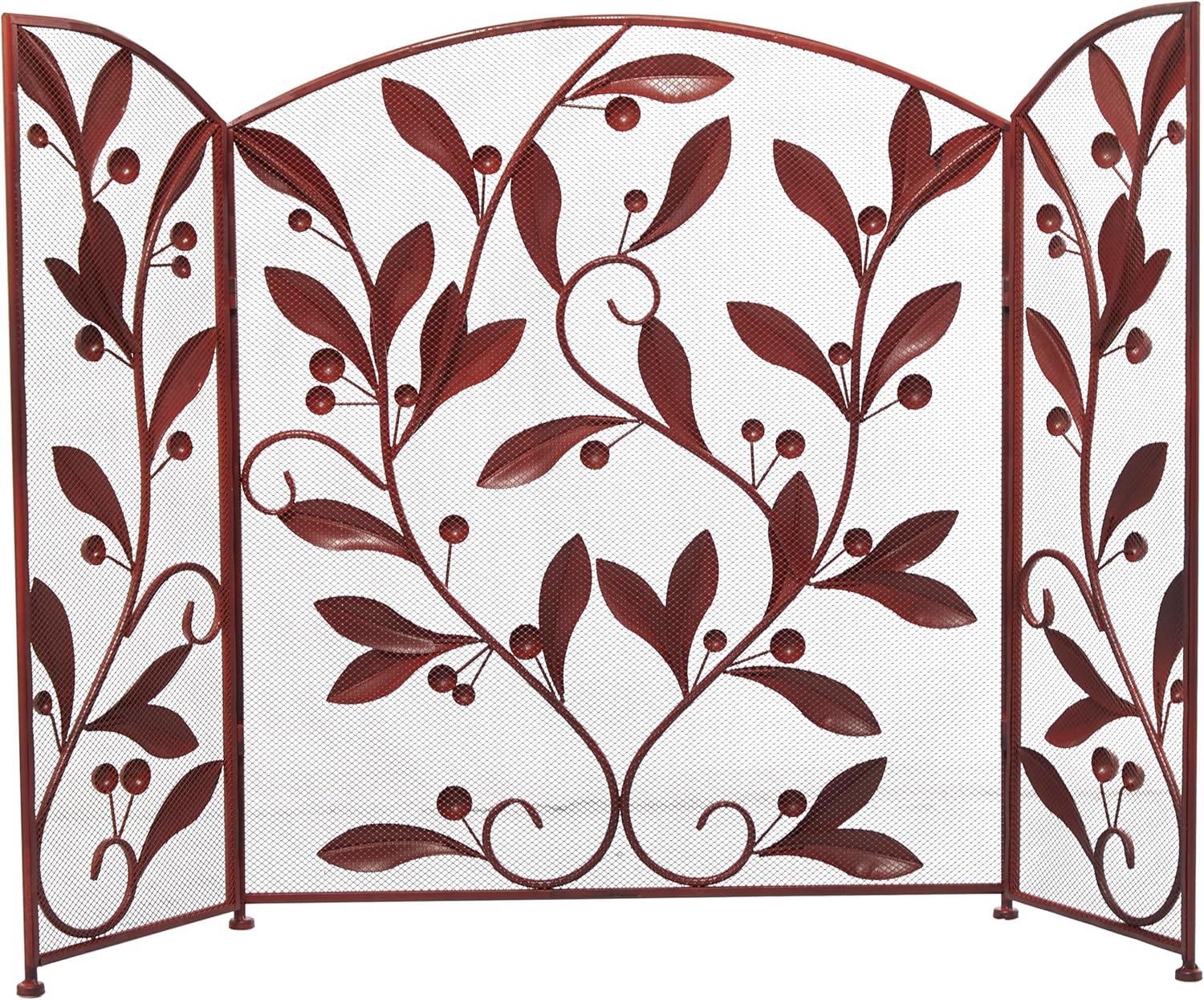 DecMode 45" x 30" Red Metal Foldable Mesh Netting 3 Panel Fireplace Screen with Leaf and Vine Relief, 1-Piece