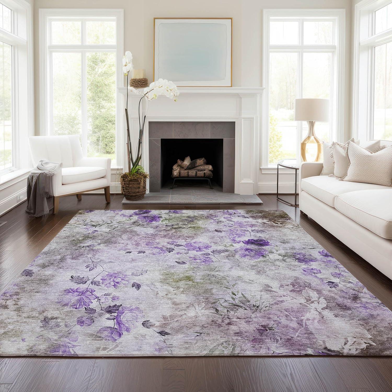 Purple Floral Synthetic 5' x 7' Washable Reversible Rug