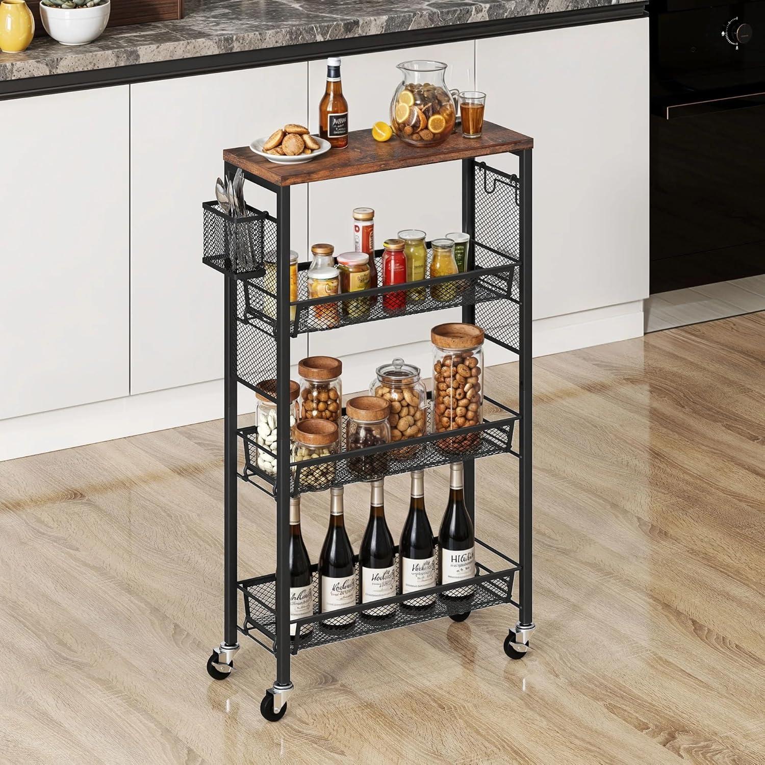 DWVO 4-Tier Slim Rolling Cart on Wheels, 34" Wooden Tabletop Kitchen Storage Organizer Cart with Wire Mesh Baskets, Slide-Out Storage Cart for Kitchen, Bathroom Living Room (White)