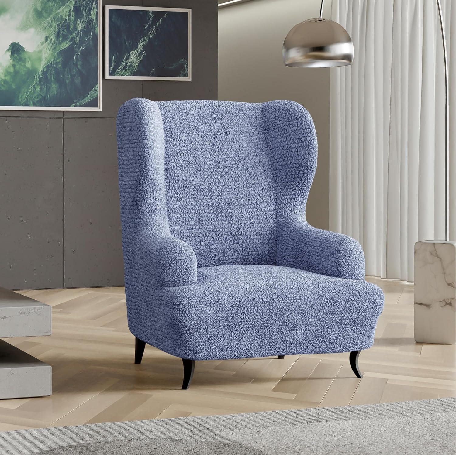 Blue Stretch Wingback Chair Slipcover with Elastic Closure