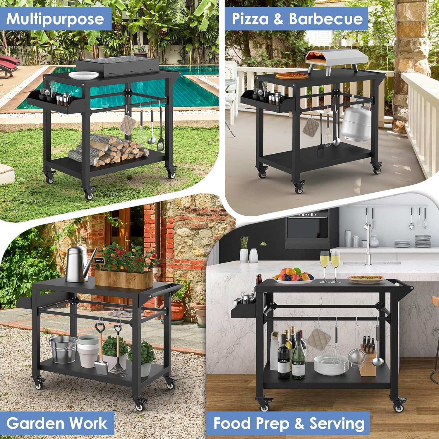 Outdoor Grill Cart, Pizza Oven Stand Table with Wheels for Outside Patio, Heavy Duty Movable Outdoor Cooking Prep Table BBQ Smoker Cart for Backyard, Camping and Parties