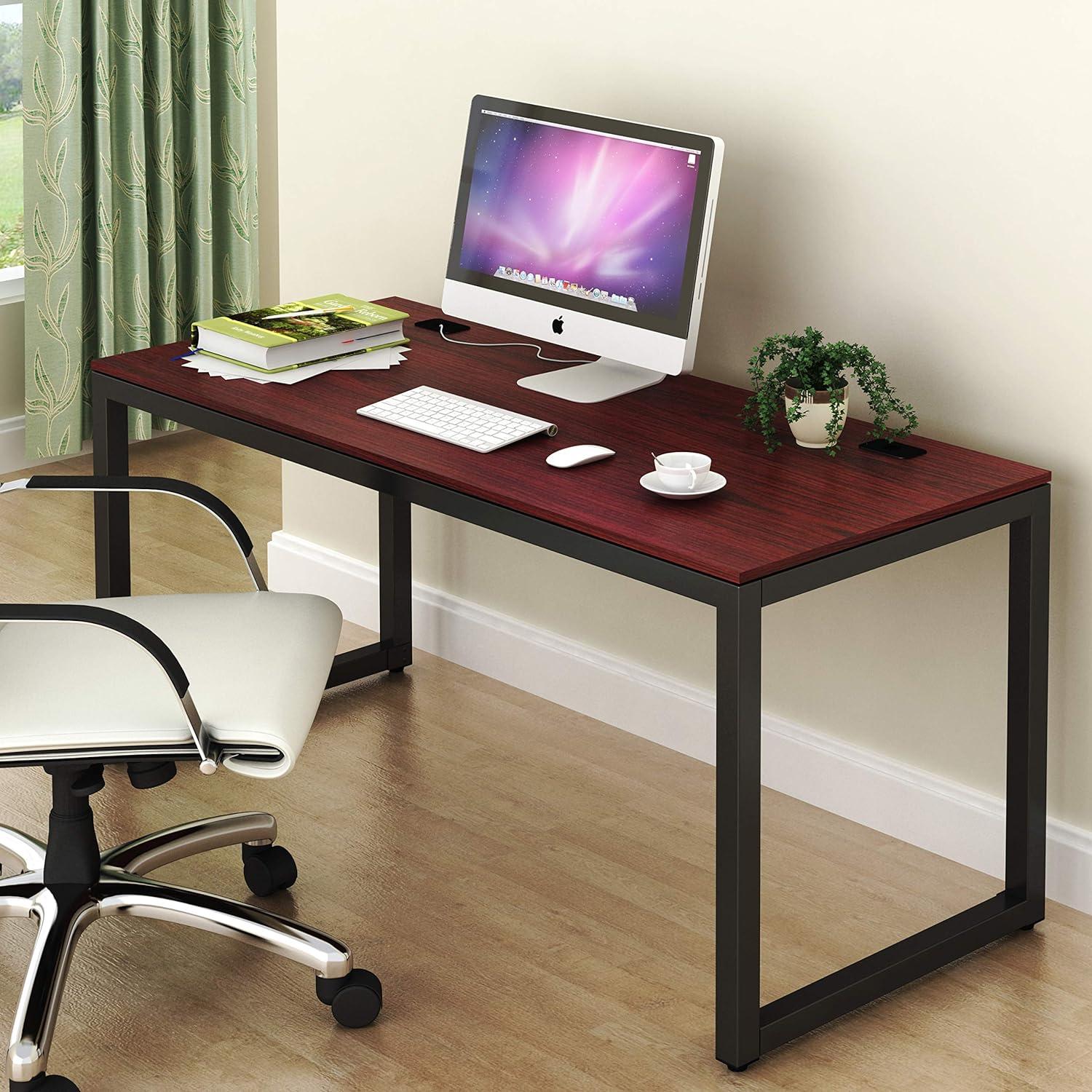 Modern Black and Cherry 55-Inch Computer Desk with Wire Management