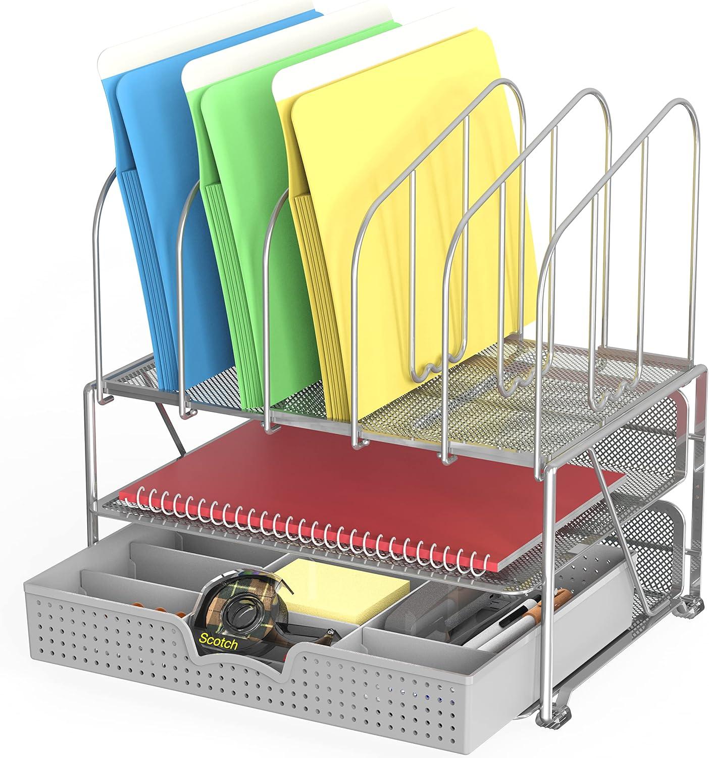 DecoBros Mesh Desk Organizer with Double Tray and 5 Upright Sections, Sliver