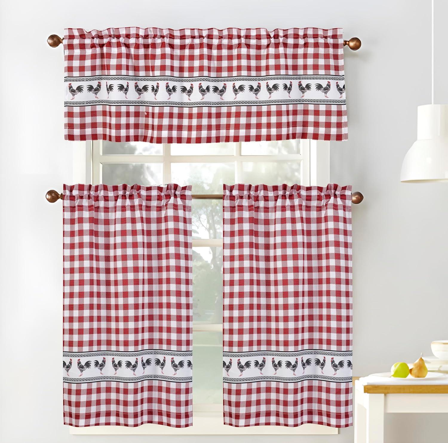 Red Gingham Rooster Print Polyester Kitchen Curtain Set