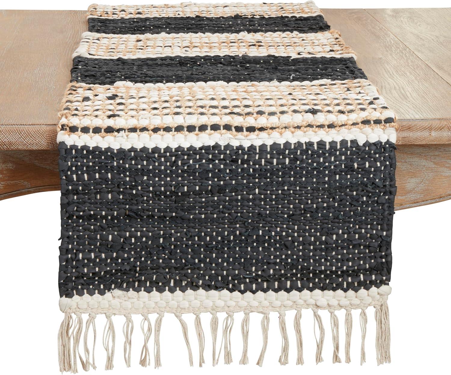 Saro Lifestyle Boho Leather Chindi Fringed Table Runner, Black, 16"x72"