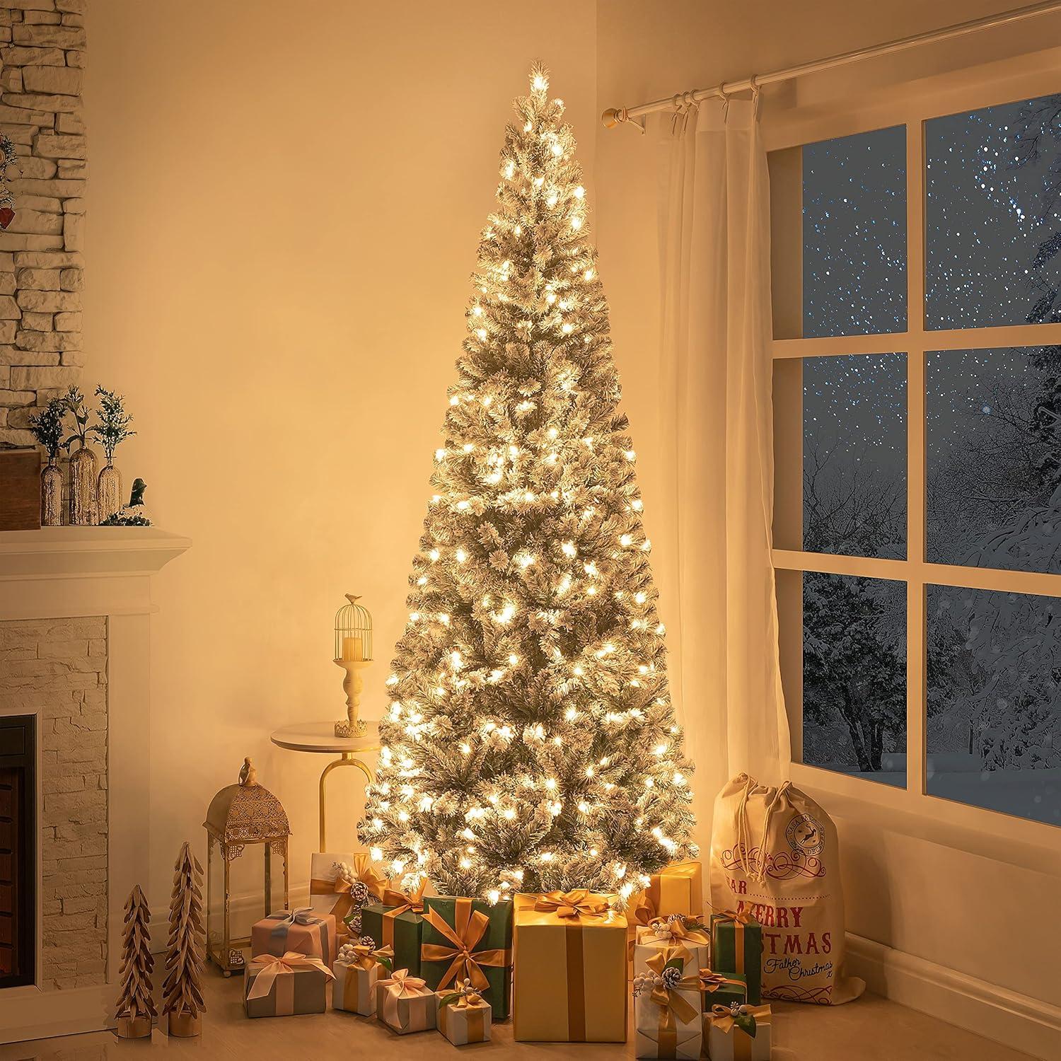 Salzburg 7.5ft Frosted Prelit Slim Artificial Christmas Tree with 1102 Branch Tips, 350 Warm Lights and Metal Stand, 34" wide Realistic Snow Flocked Skinny Pencil Christmas Tree by Naomi Home