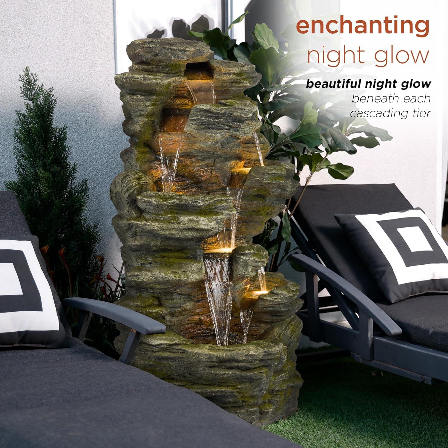 51" Resin Rock Cascading Fountain with LED Lights Gray - Alpine Corporation: Waterfall Feature, Birdbath