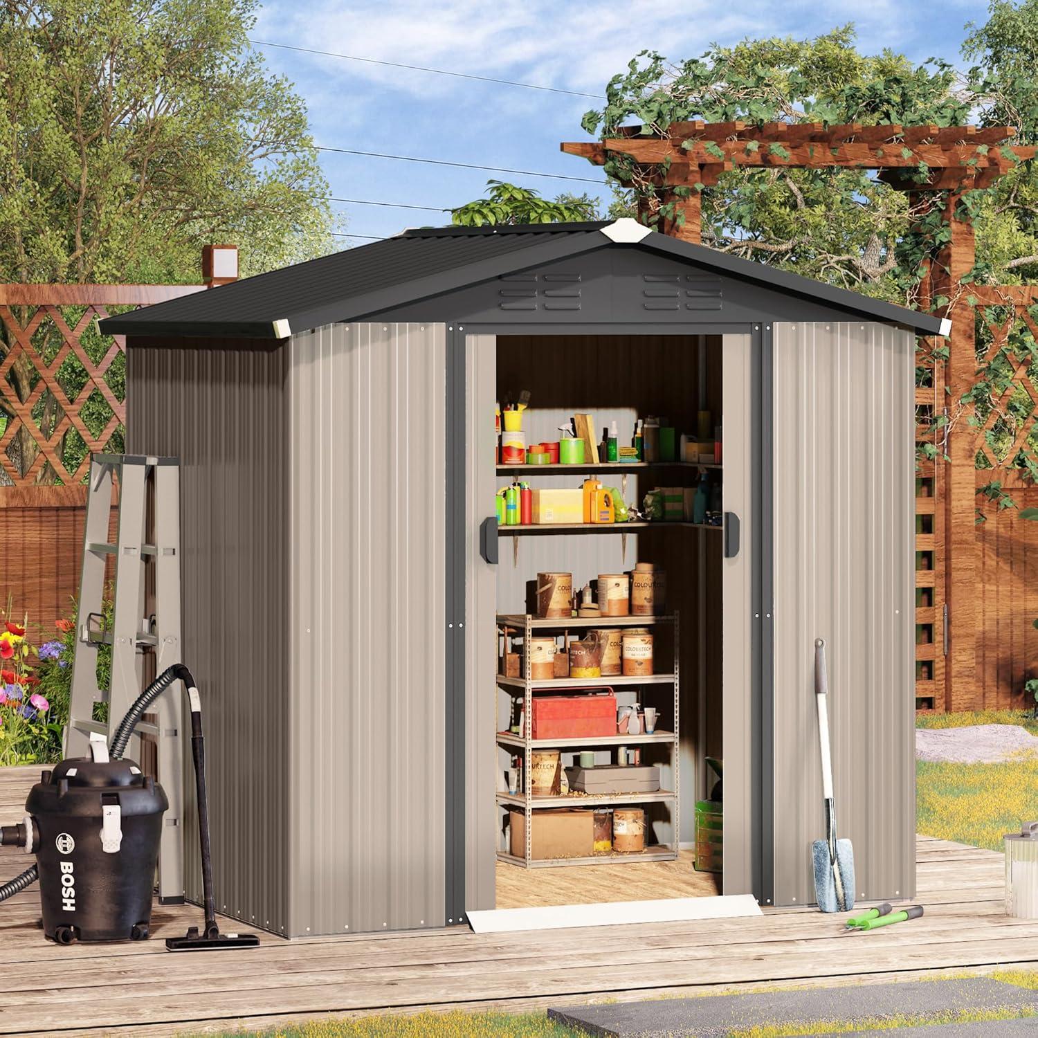 Gray and Brown Metal Outdoor Storage Shed with Lockable Door