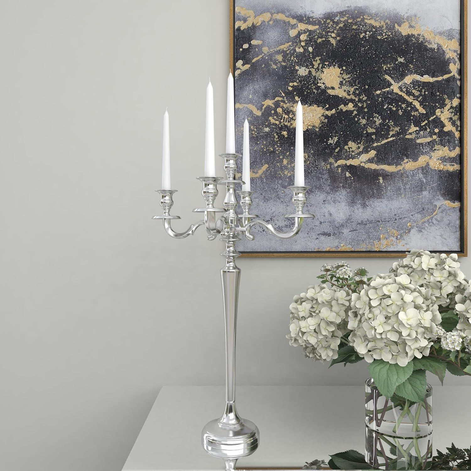 DecMode 5 Holder Silver Aluminum Metal Scroll Tall Candelabra