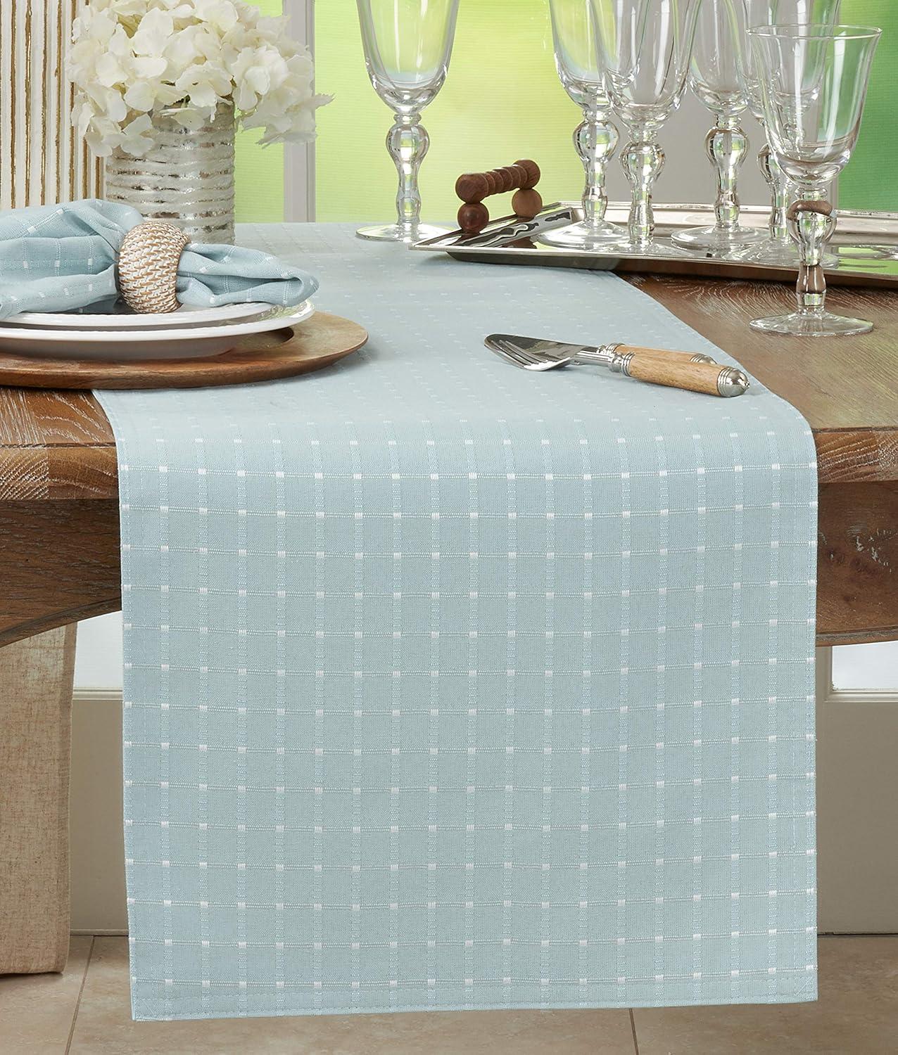 Saro Lifestyle Table Runner With Stitched Line Design, Aqua, 16" x 54"