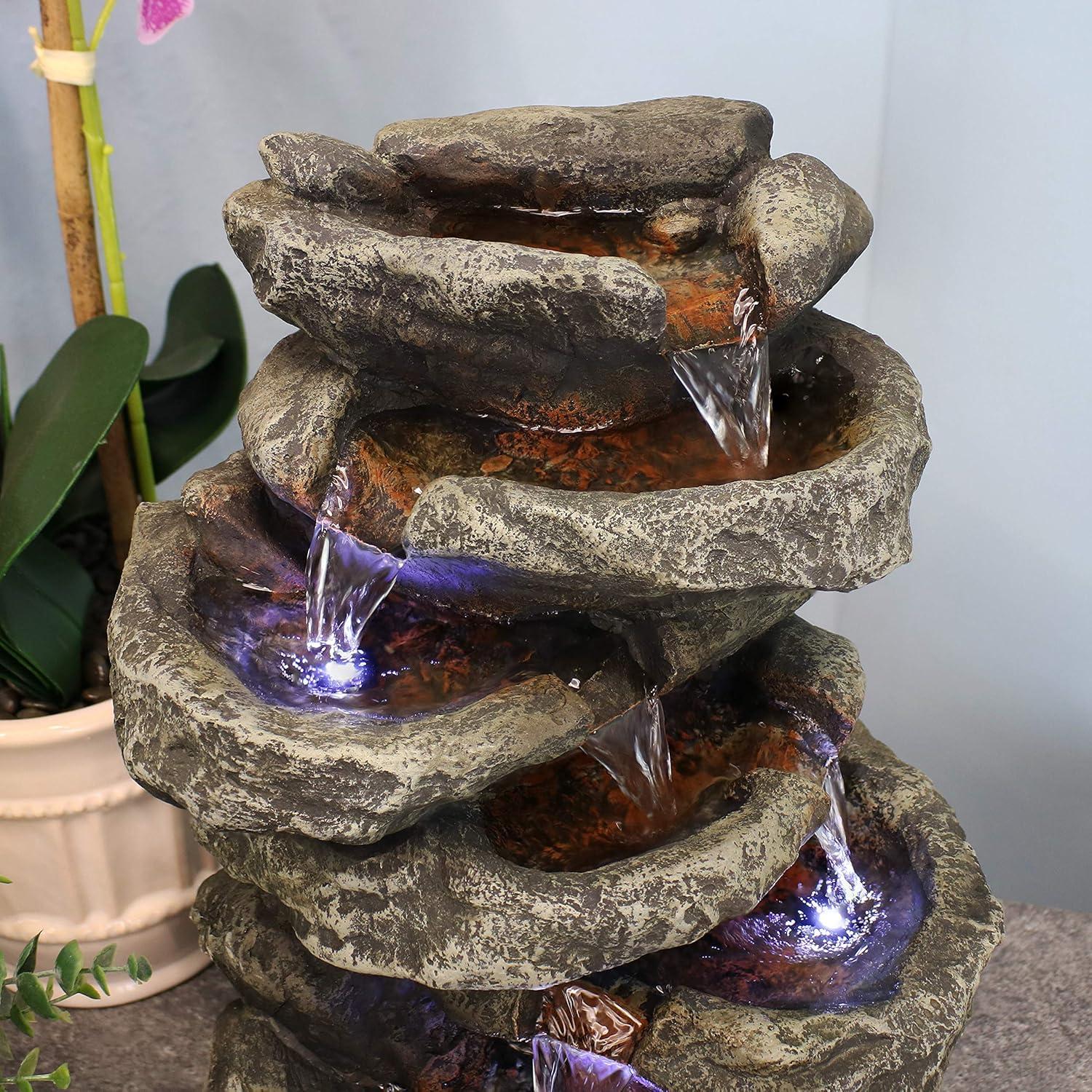 Sunnydaze Indoor Home Office Relaxing 6-Tiered Stone Falls Tabletop Water Fountain with LED Lights - 15"