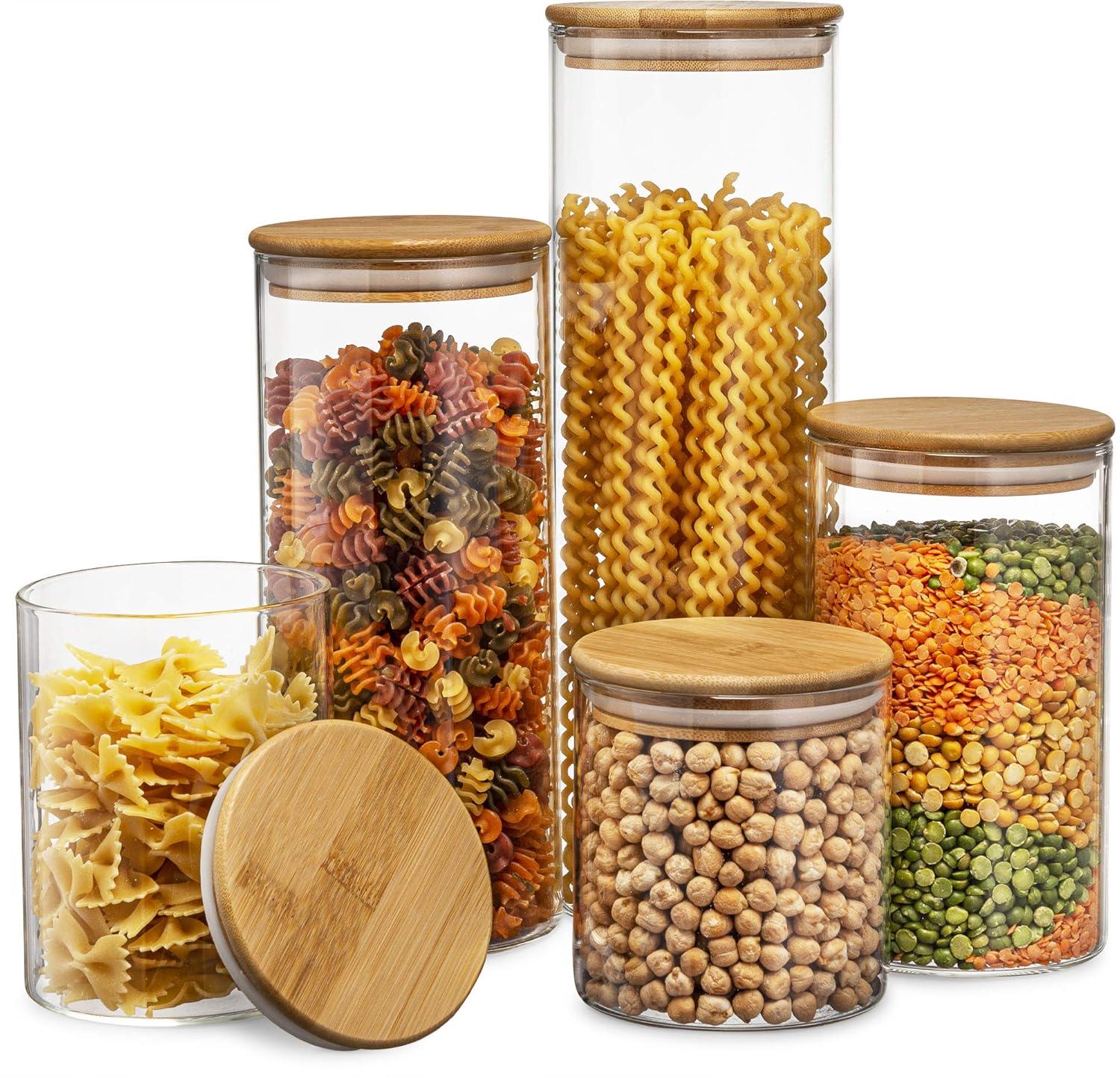 Glass Storage Jars with Bamboo Airtight Lids, Set of 5 Glass Canisters Sets for Kitchen Pantry