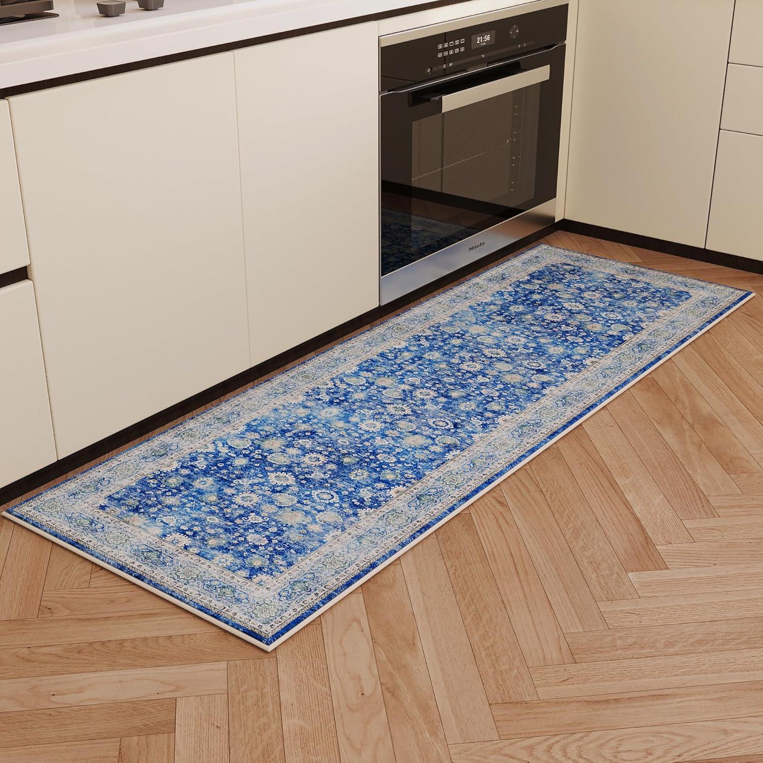 Hasoo 2' x 8' Kitchen Runner Rug Traditional Oriental Floral Print Rug Bedroom Kitchen Bathroom Laundry Rug, Blue