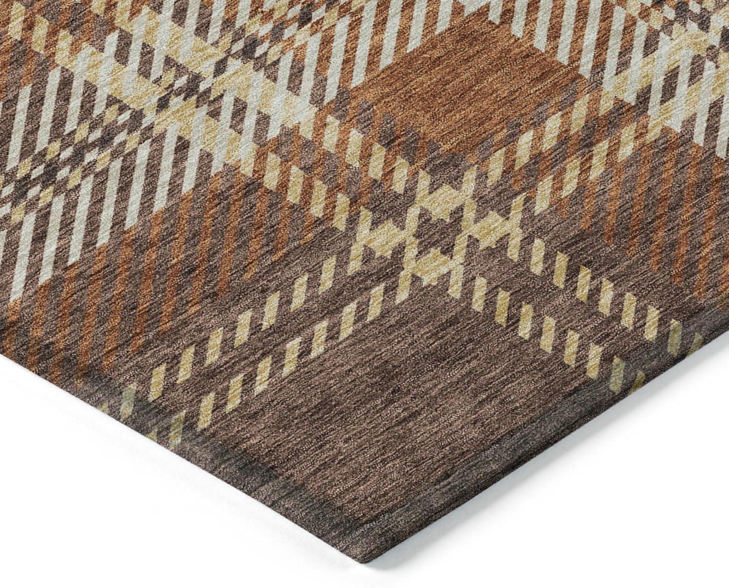 Brown Plaid Synthetic Indoor/Outdoor Washable Rug 5' x 7'