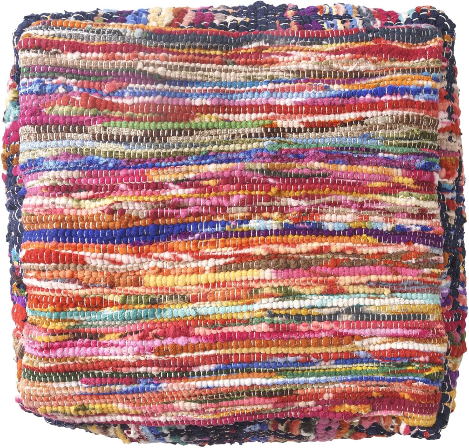 Evette Rios Dillon Denim Shabby Chic Hand-Loomed Cotton Blend Cube Ottoman Pouf