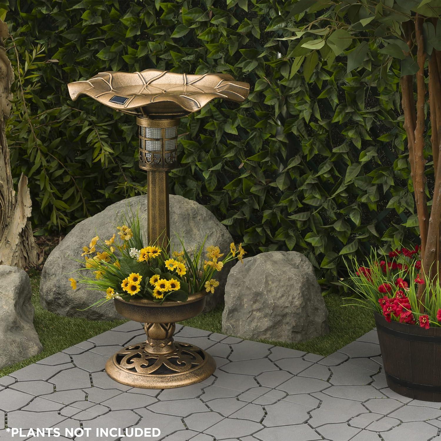 Bronze Outdoor Pedestal Birdbath with Planter and Solar LED