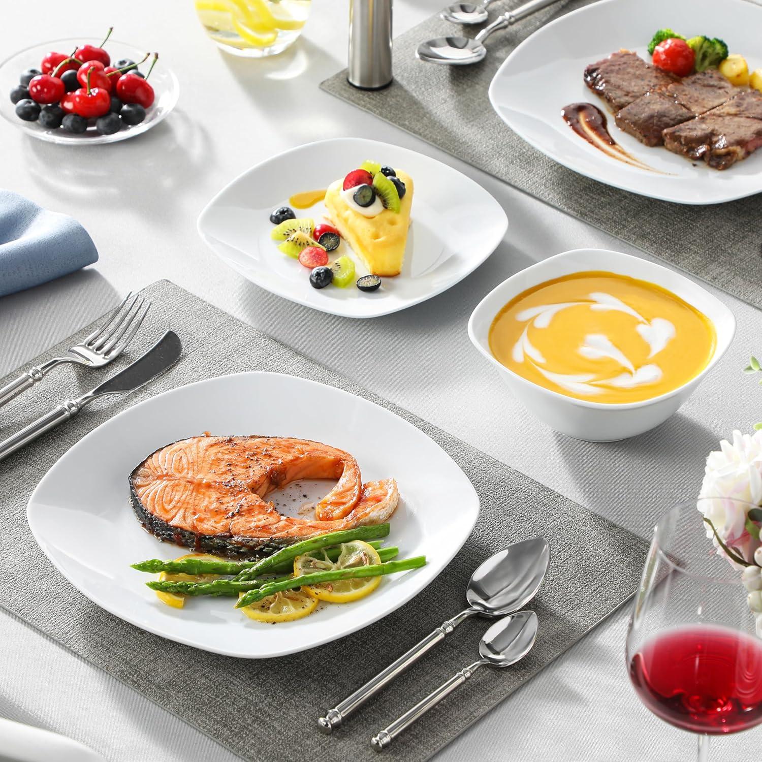 MALACASA Plates and Bowls Set, 12 Pieces Porcelain Dinnerware Sets, Gray White Dishes Set for 4, Chip and Scratch Resistant Square Dishware Sets, Series ELISA