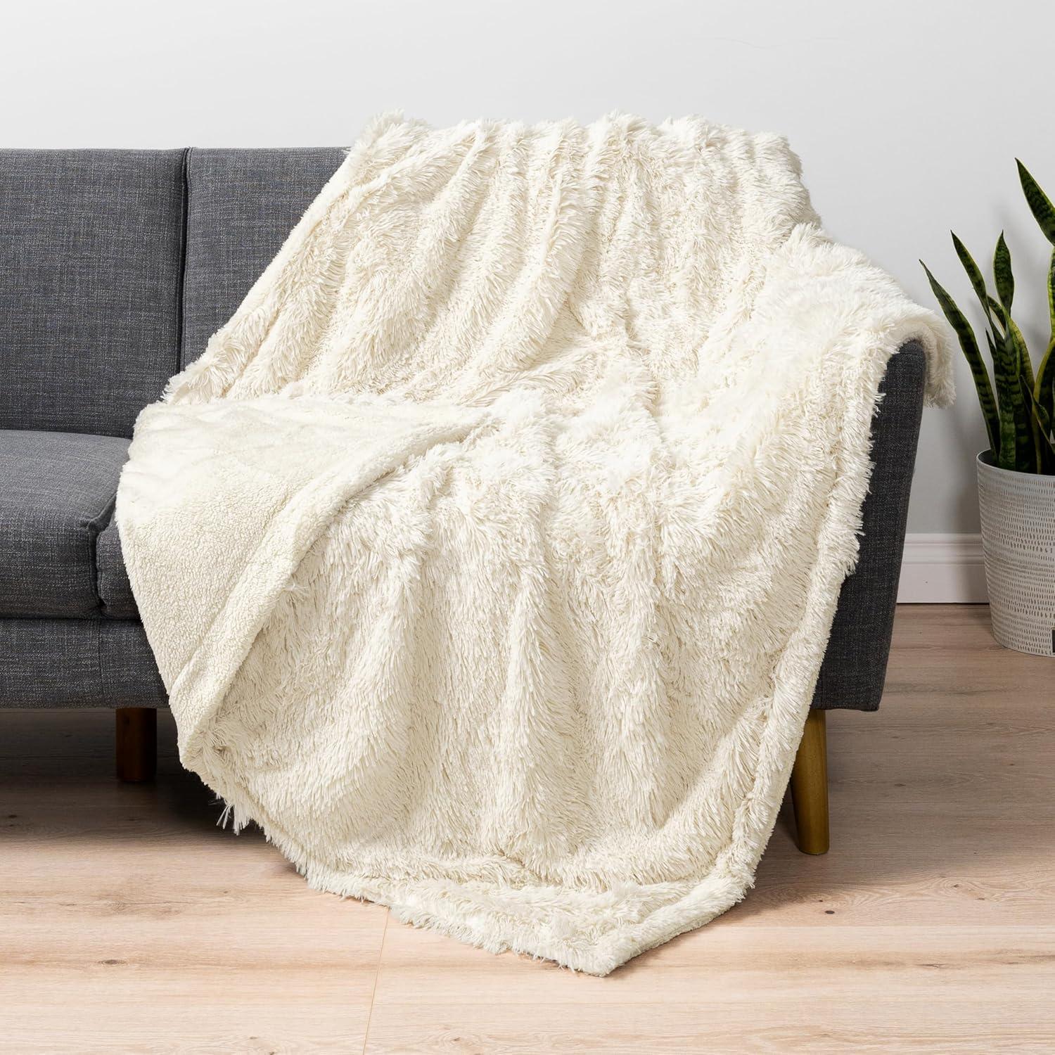 PAVILIA Fluffy Faux Fur Reversible Throw Blanket for Bed, Sofa, and Couch