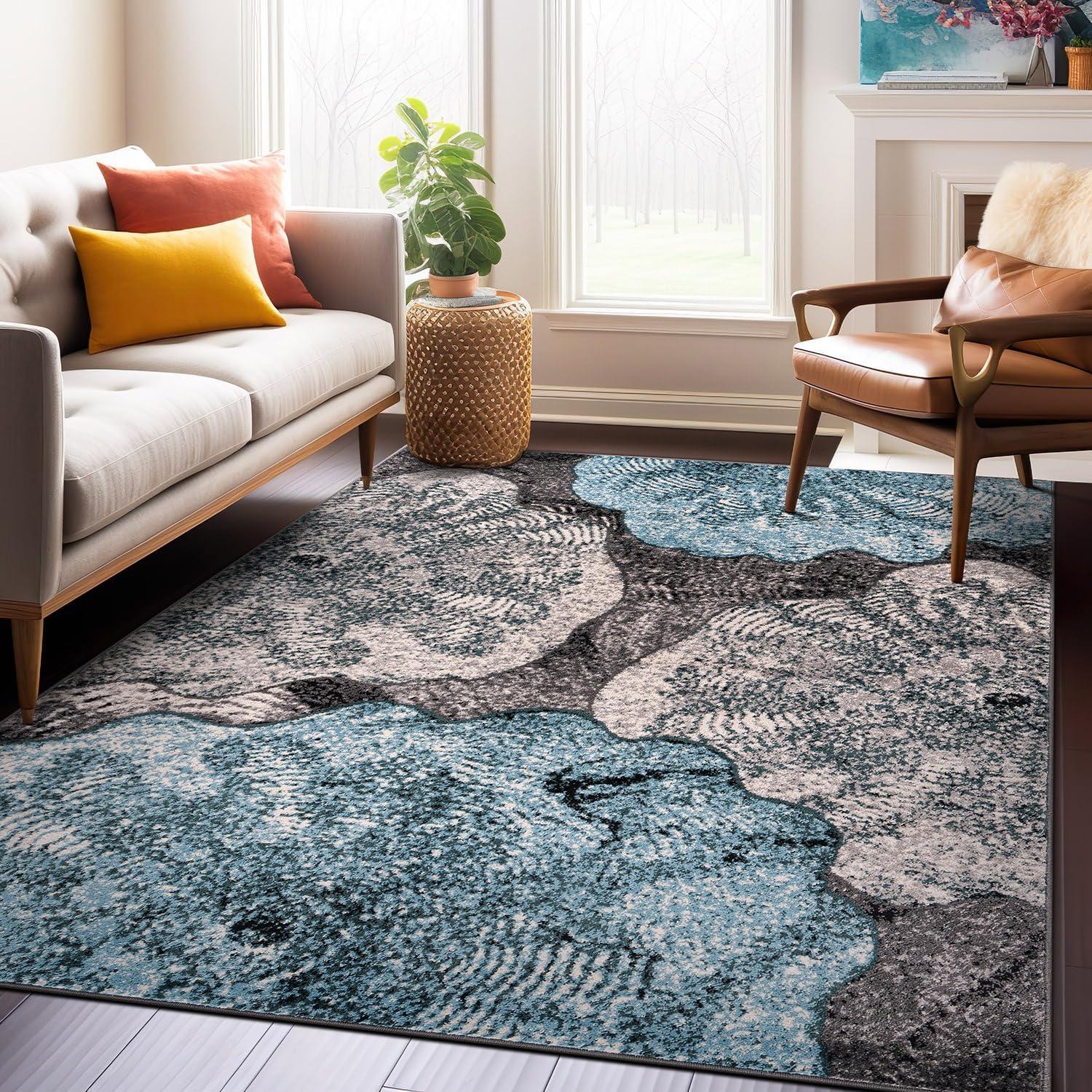 World Rug Gallery Contemporary Floral Design Area Rug - Blue 5'x7'