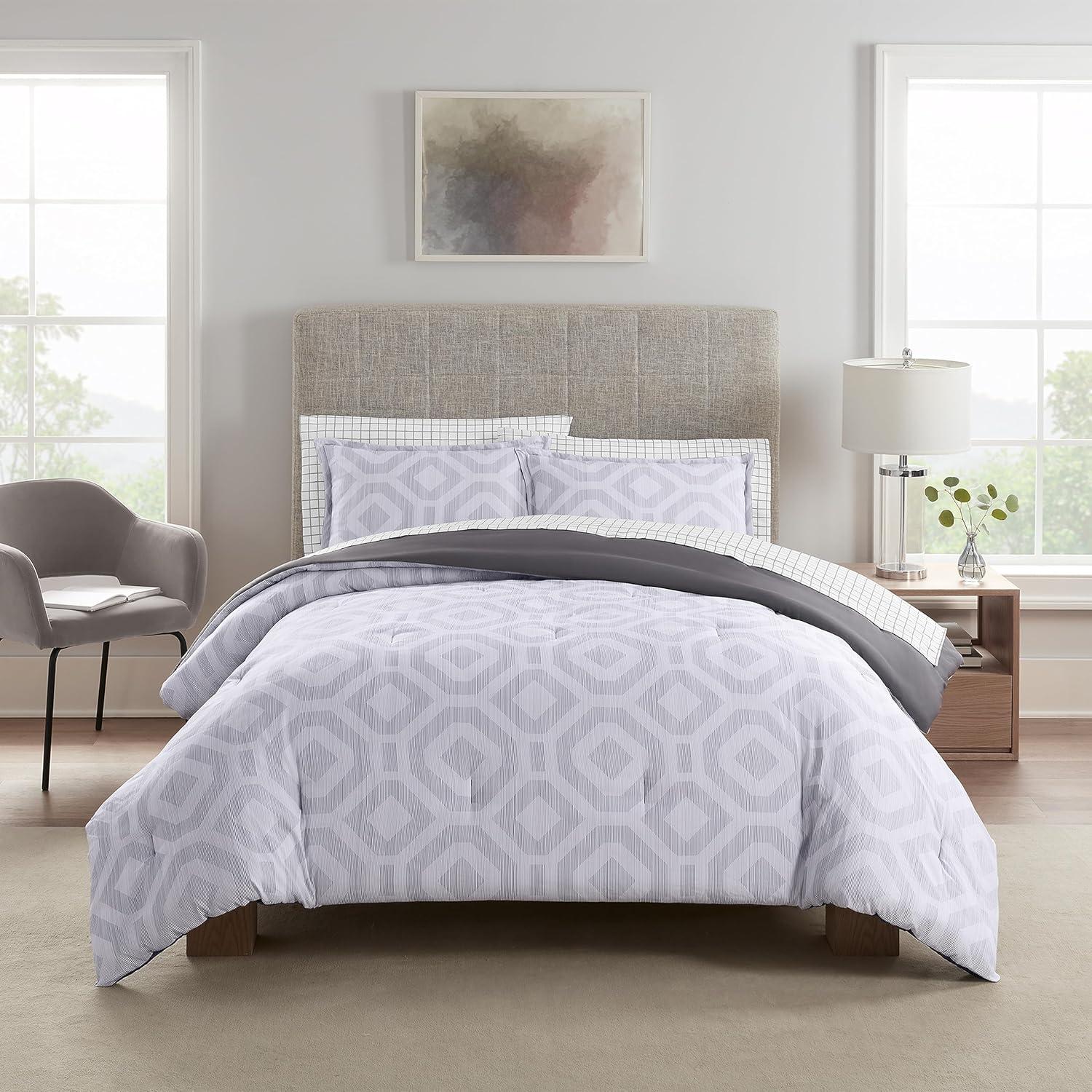 Serta Simply Clean Skyler Grey Textured Geometric 5-Piece Bedding Set, Queen