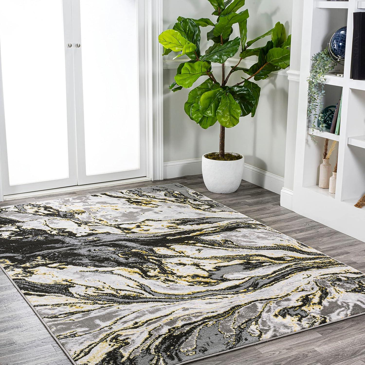 5'x8' Swirl Marbled Abstract, Black/Yellow - JONATHAN Y