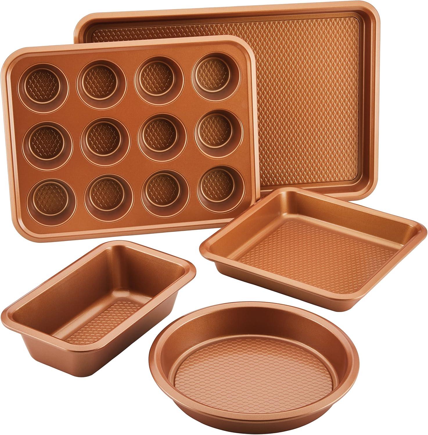 Ayesha Curry 5pc Bakeware Set Copper: Nonstick Steel Baking Pan Set, Hand Wash, Oven-Safe to 450°F, Dishwasher-Safe