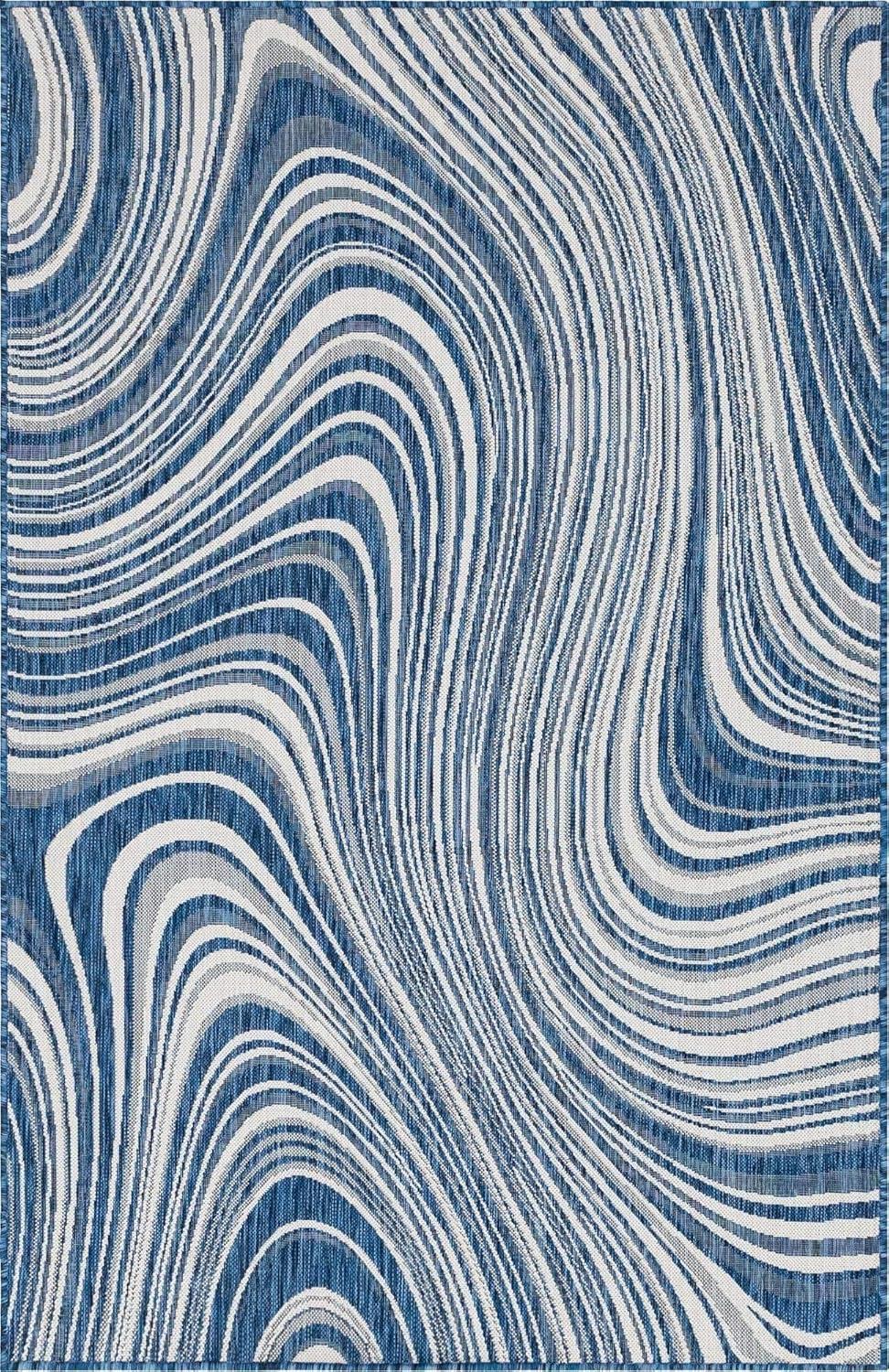 Modern Abstract Blue Wave Outdoor Rug, 5' x 8' Rectangular, Easy-Care Synthetic